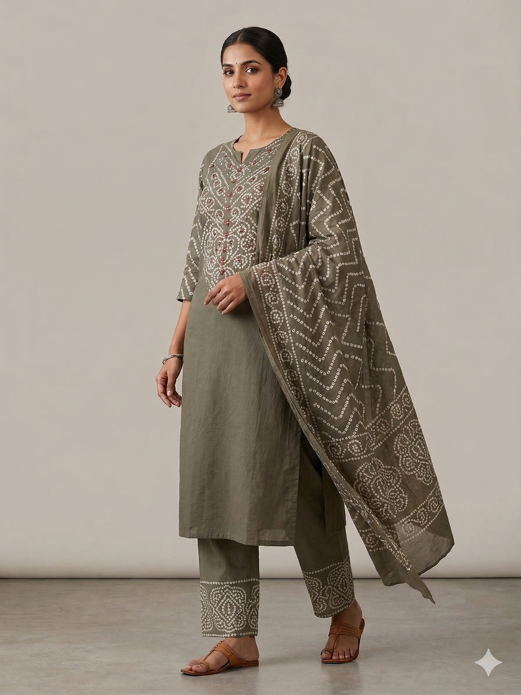 A3941- Pure Cotton Bandhani Suit With Knot-Detailed Yoke, Pants & Printed Dupatta.
