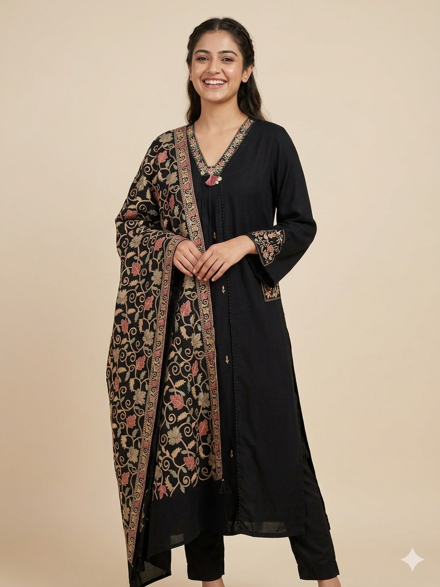A3932- Rayon Suit adorned with Floral Embroidery, statement Dupatta & Pants.