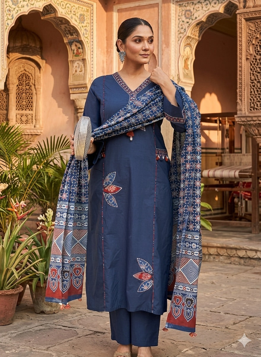 A4051 - Elegant Indigo Printed & Embroidered Suit Set