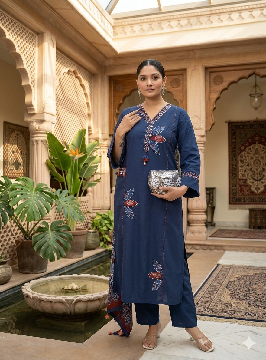 A4051 - Elegant Indigo Printed & Embroidered Suit Set