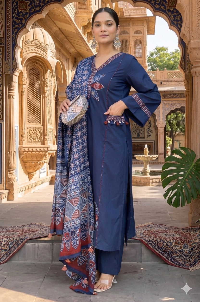 A4051 - Elegant Indigo Printed & Embroidered Suit Set