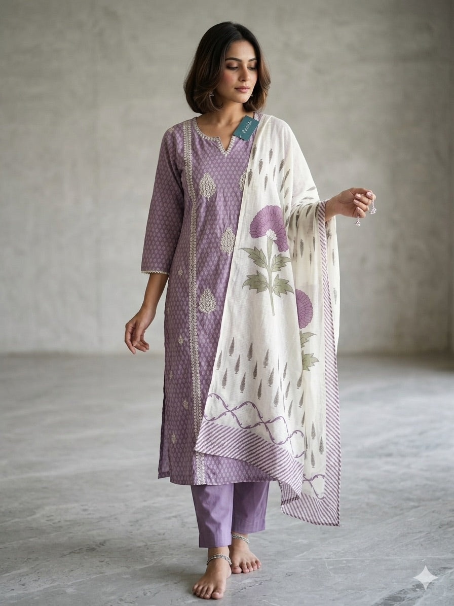 A3929- Pure Cotton Printed Suit Set with Embroidered & Doriya Dupatta