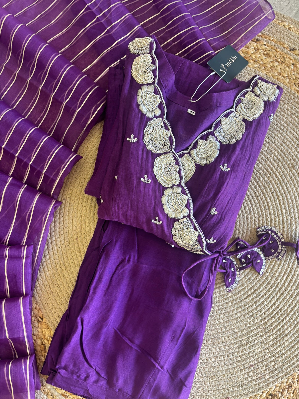 A1284- Mul Chanderi handwork Angrakha Anarkali with pants and dupatta