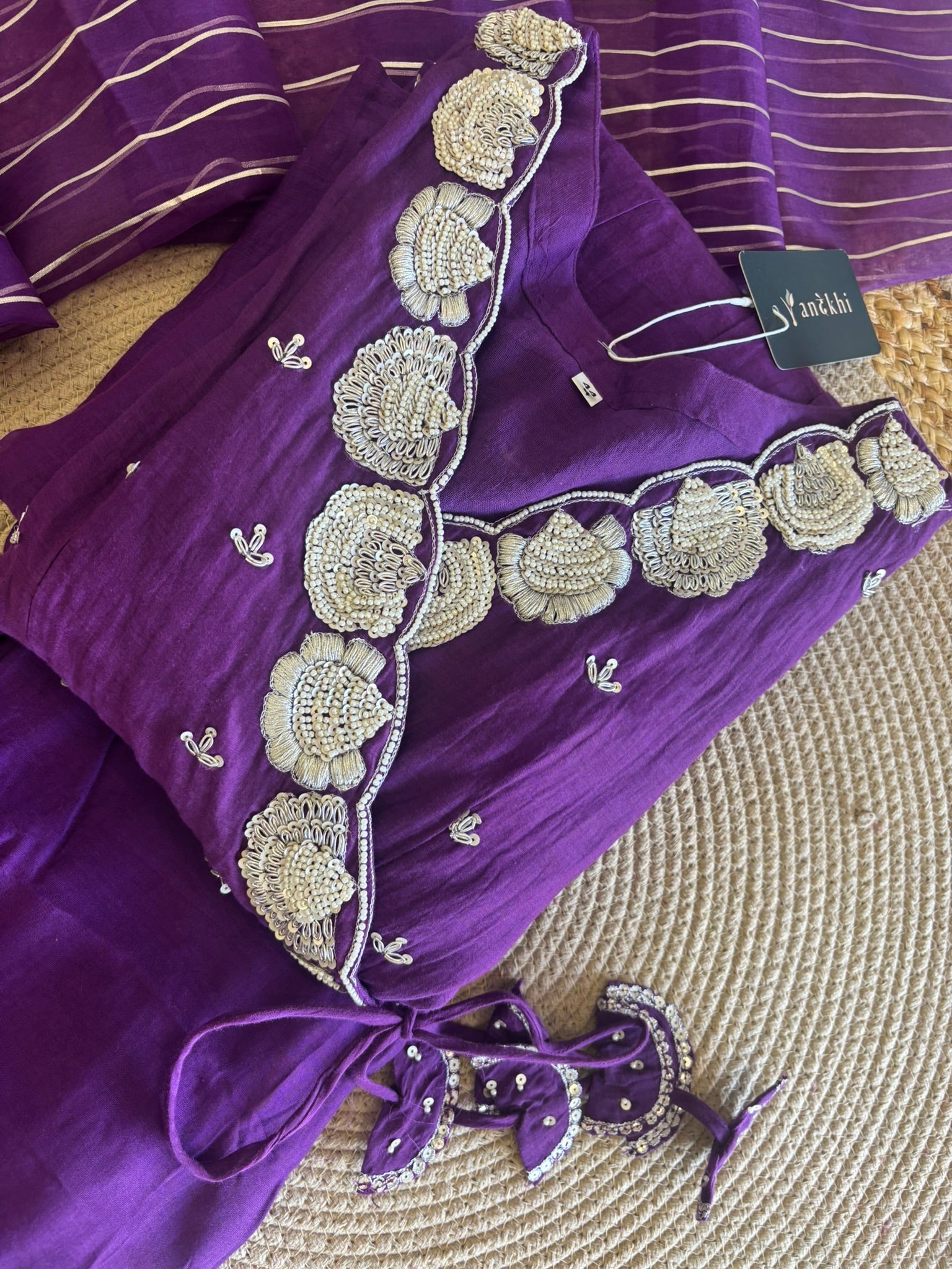A1284- Mul Chanderi handwork Angrakha Anarkali with pants and dupatta