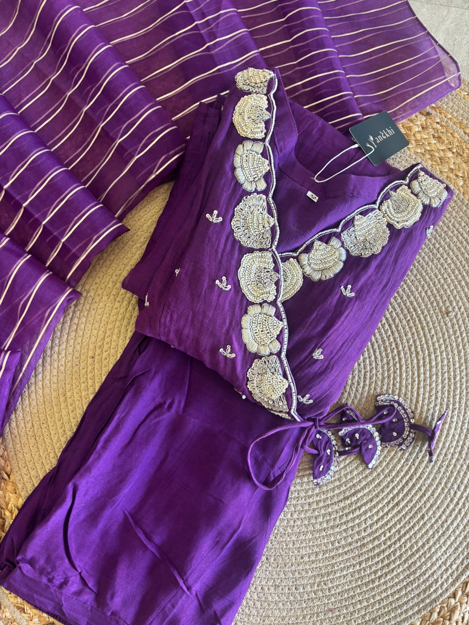 A1284- Mul Chanderi handwork Angrakha Anarkali with pants and dupatta