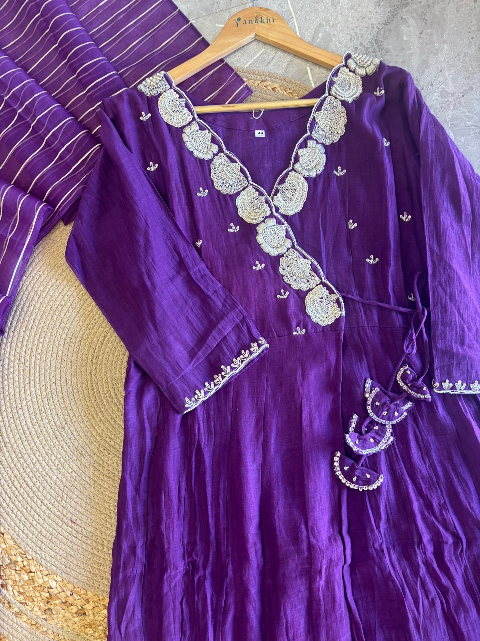 A1284- Mul Chanderi handwork Angrakha Anarkali with pants and dupatta