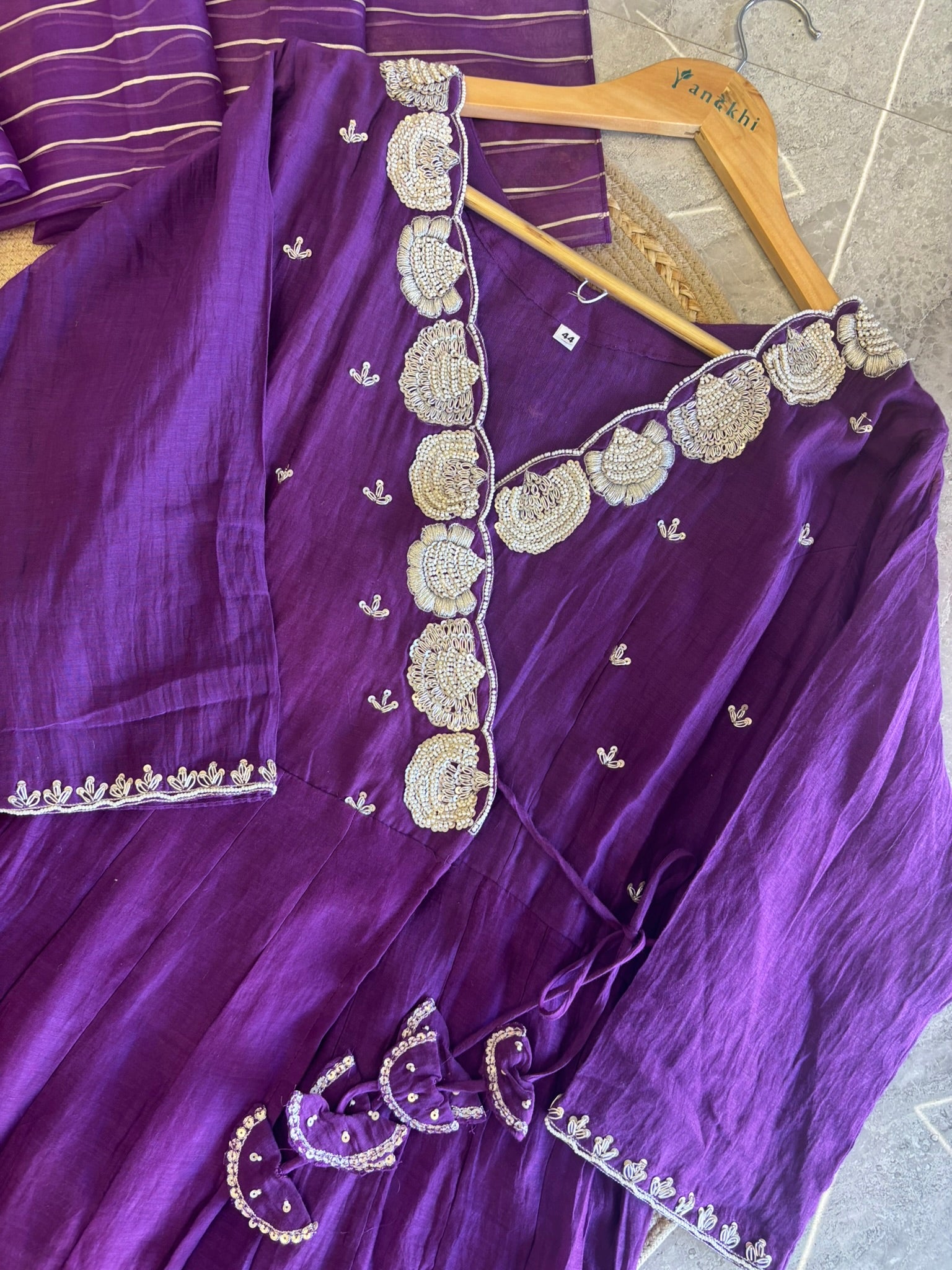 A1284- Mul Chanderi handwork Angrakha Anarkali with pants and dupatta
