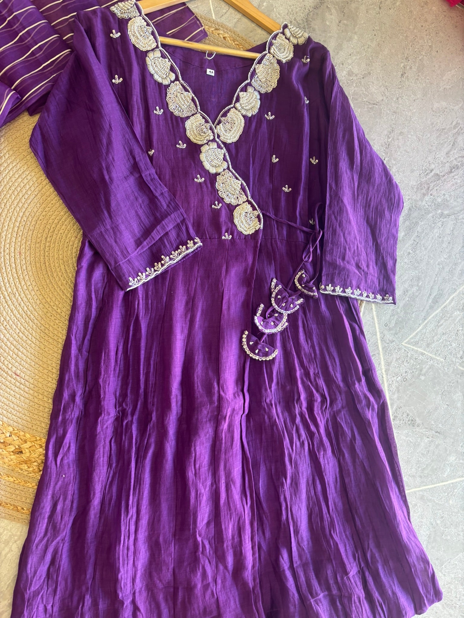 A1284- Mul Chanderi handwork Angrakha Anarkali with pants and dupatta