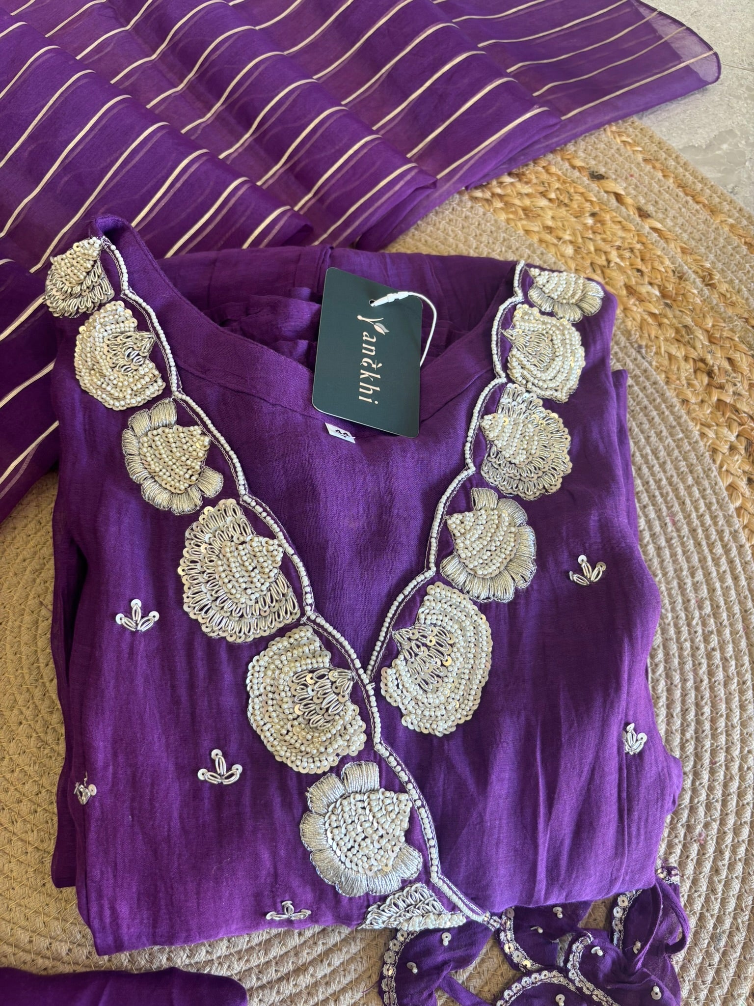 A1284- Mul Chanderi handwork Angrakha Anarkali with pants and dupatta