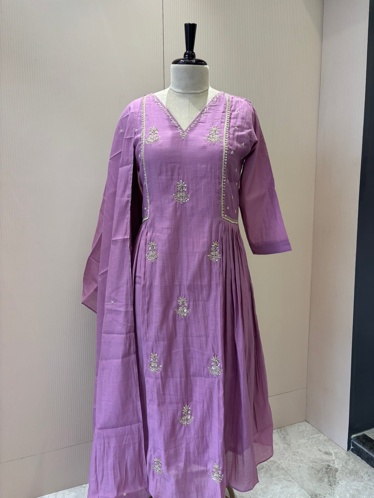 A1154 - Mul Chanderi A-line suit with pants & dupatta