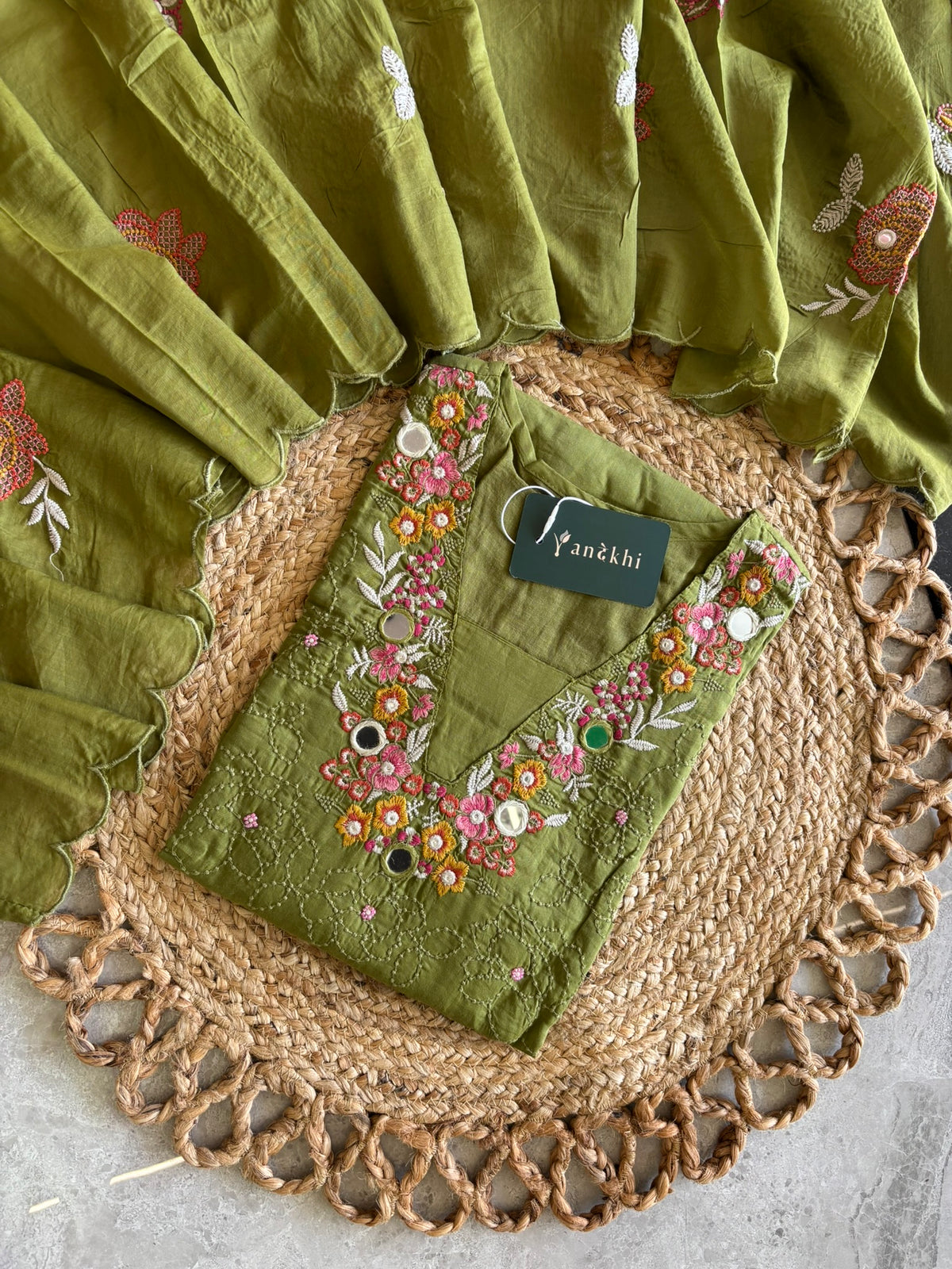 A1121 - Pure Mul cotton Kurti embroidered with mirror work & thread with pants & dupatta