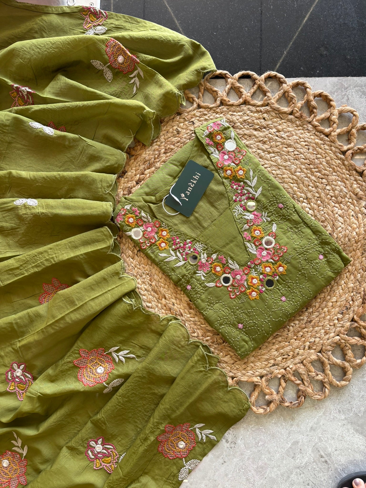 A1121 - Pure Mul cotton Kurti embroidered with mirror work & thread with pants & dupatta