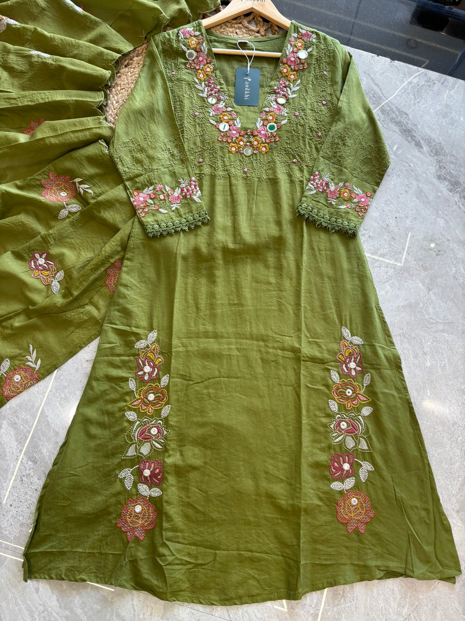 A1121 - Pure Mul cotton Kurti embroidered with mirror work & thread with pants & dupatta