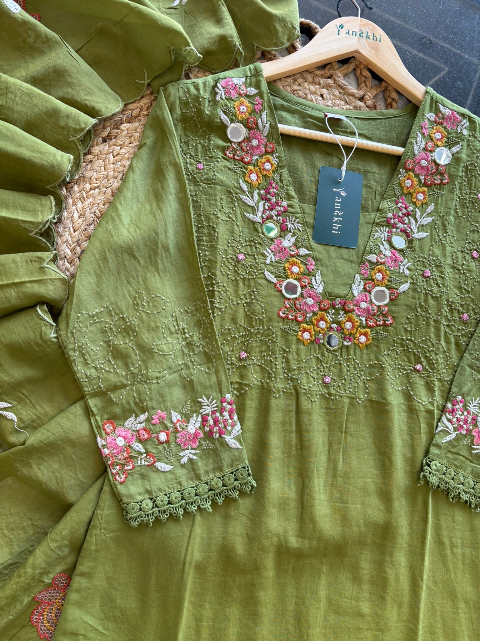 A1121 - Pure Mul cotton Kurti embroidered with mirror work & thread with pants & dupatta