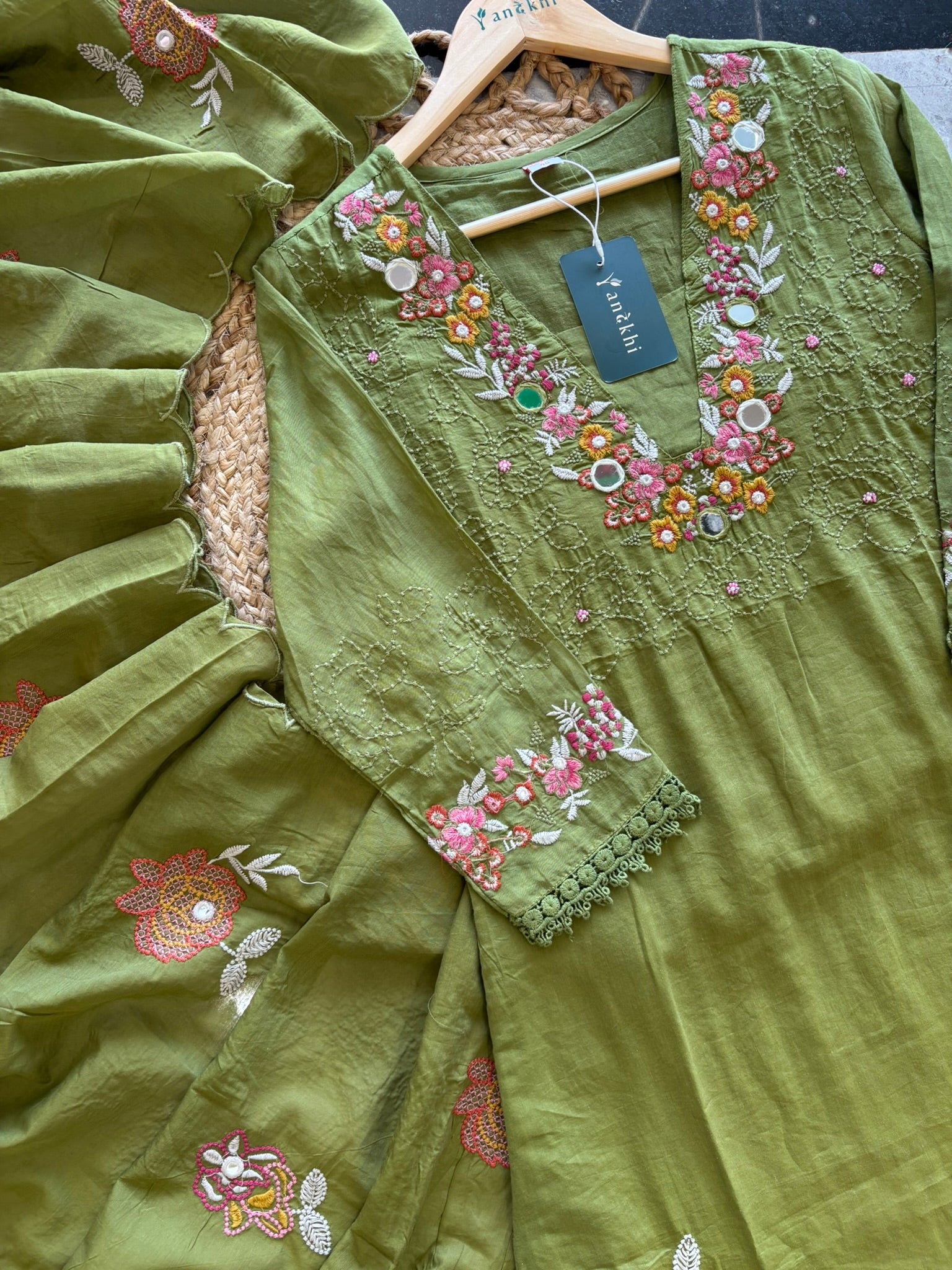 A1121 - Pure Mul cotton Kurti embroidered with mirror work & thread with pants & dupatta