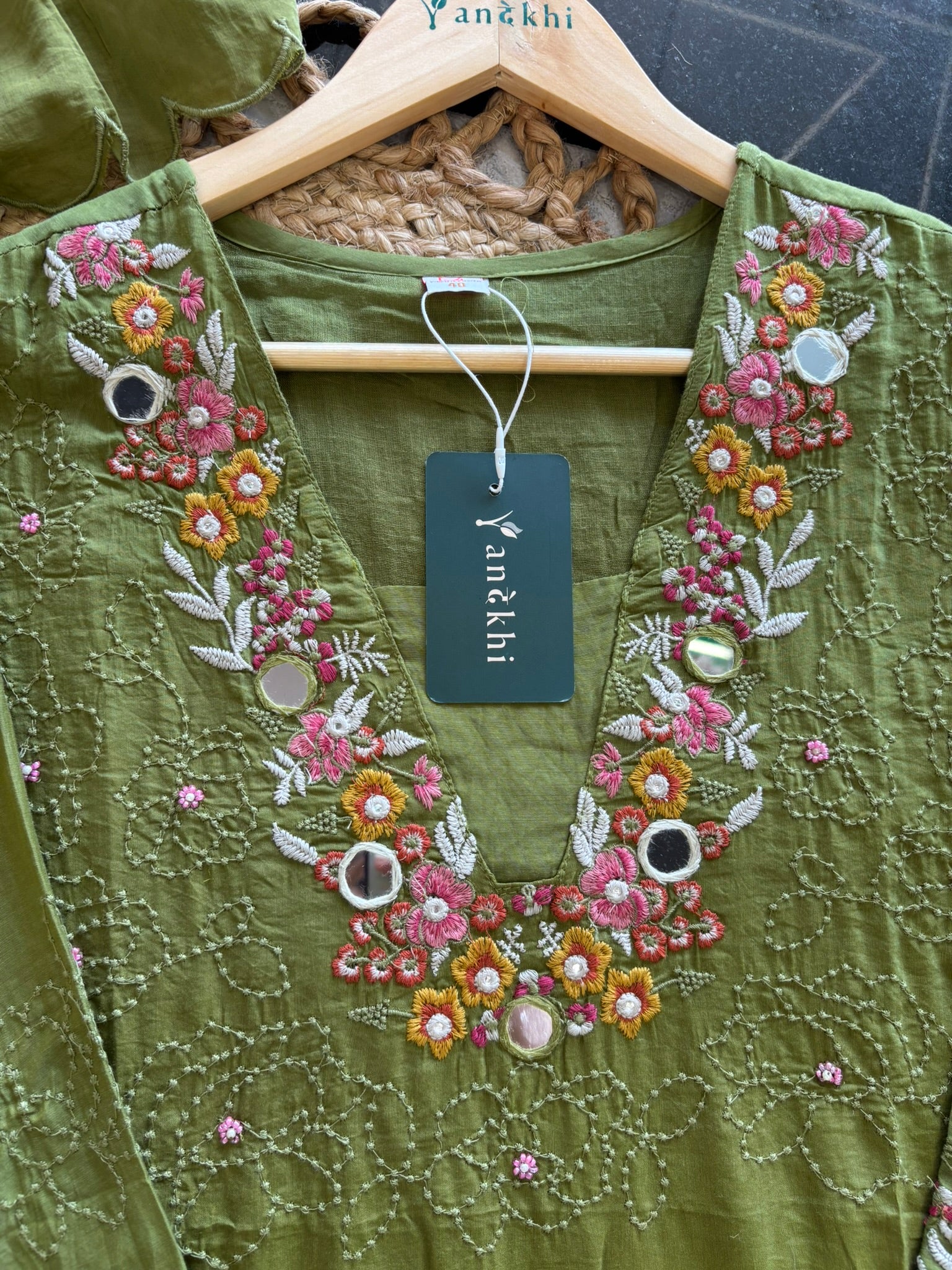 A1121 - Pure Mul cotton Kurti embroidered with mirror work & thread with pants & dupatta