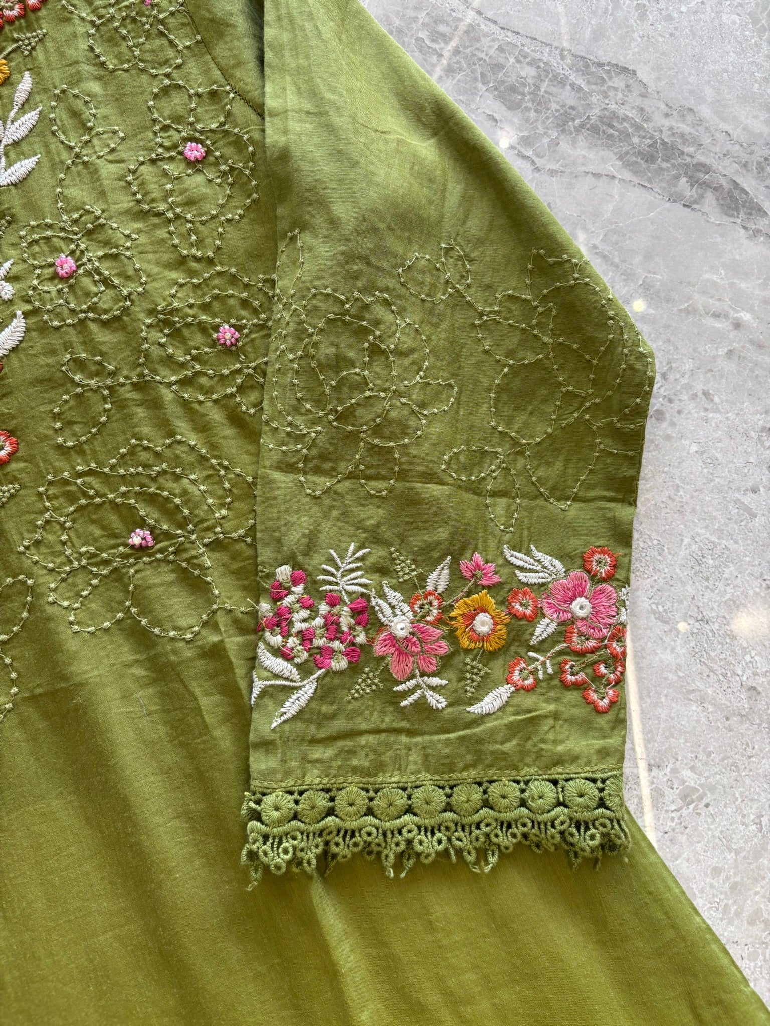 A1121 - Pure Mul cotton Kurti embroidered with mirror work & thread with pants & dupatta