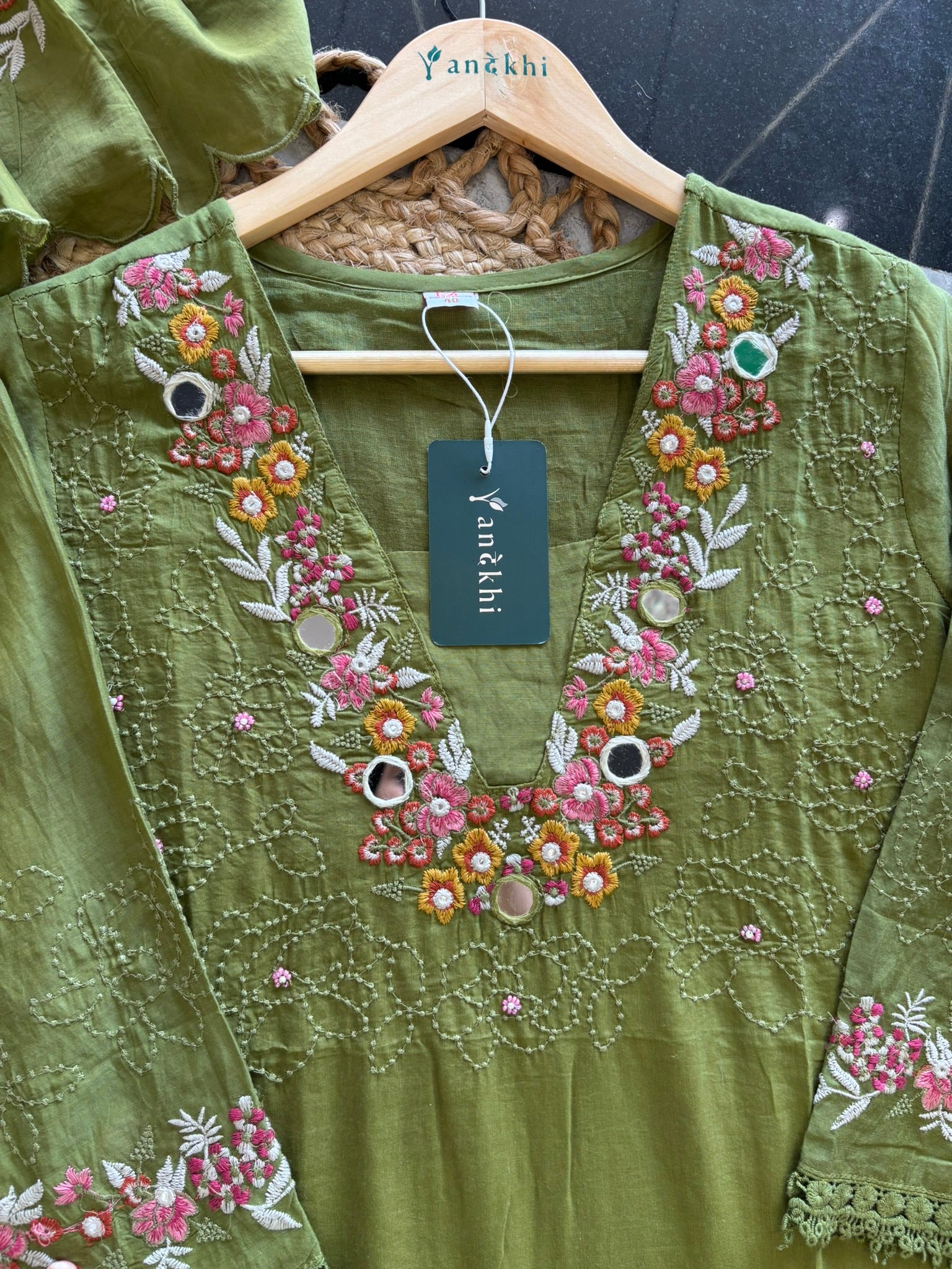 A1121 - Pure Mul cotton Kurti embroidered with mirror work & thread with pants & dupatta
