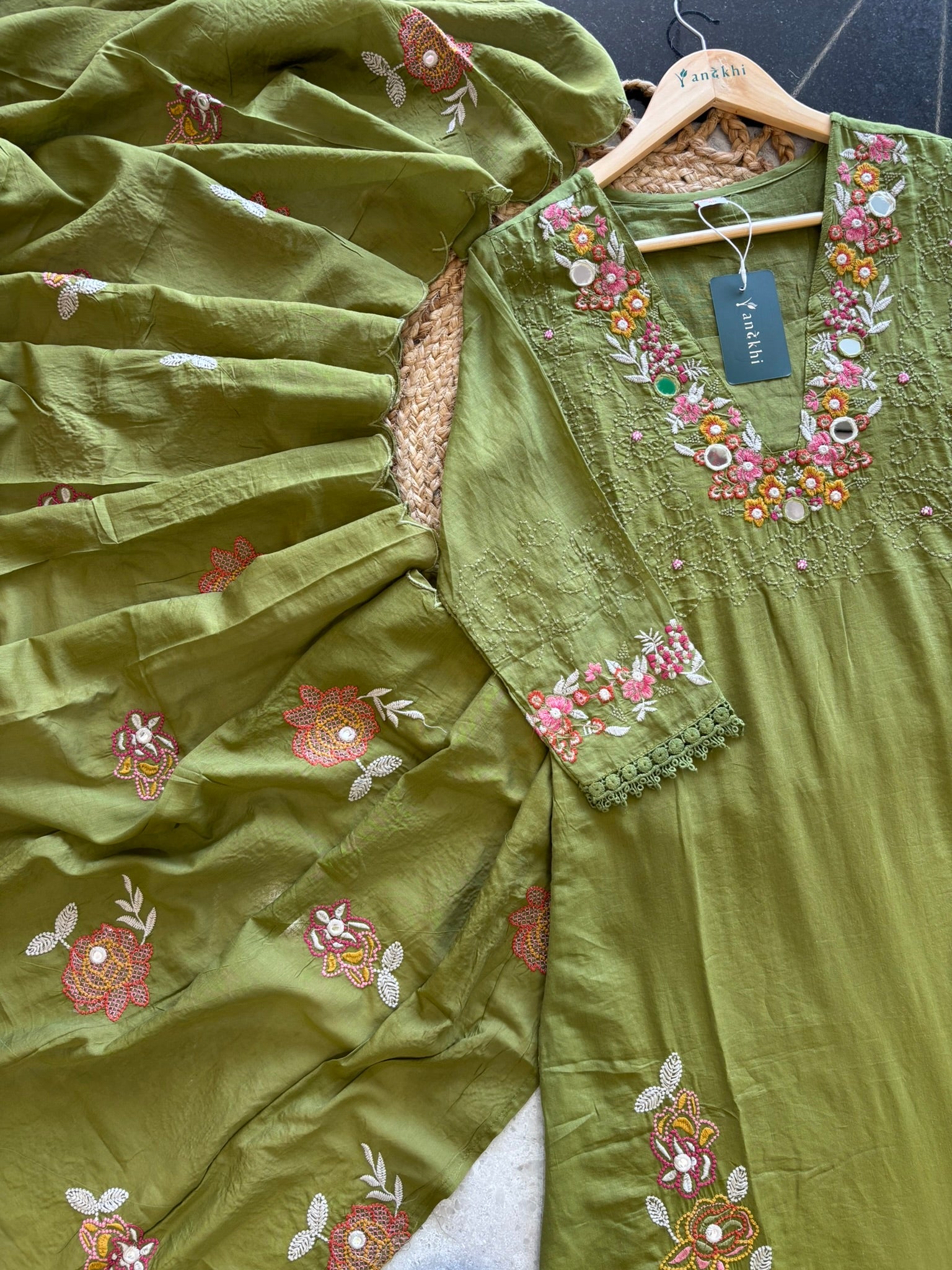 A1121 - Pure Mul cotton Kurti embroidered with mirror work & thread with pants & dupatta