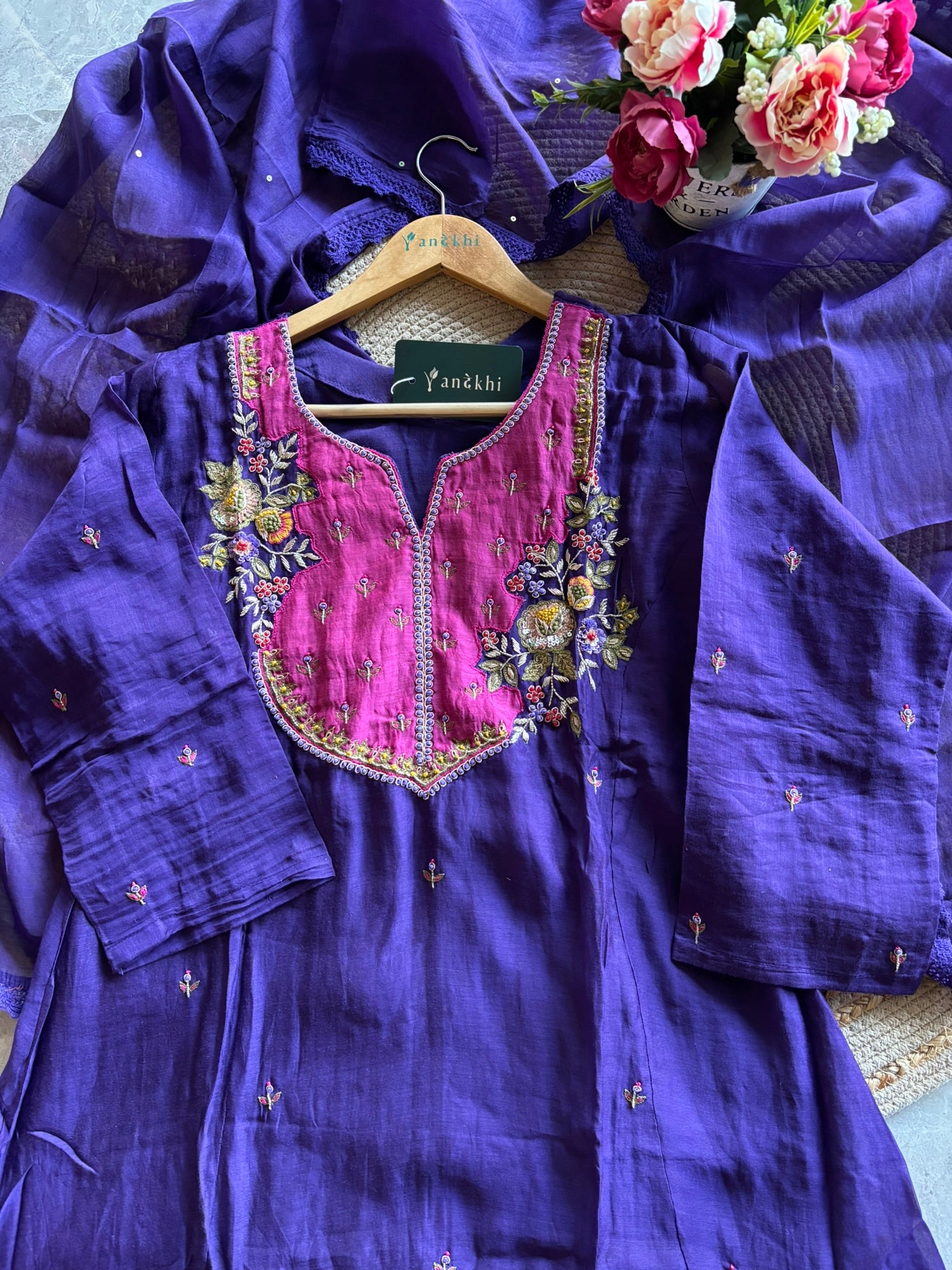 A1604 - Mul Chanderi Handwork Align Kurti with Pants & Dupatta