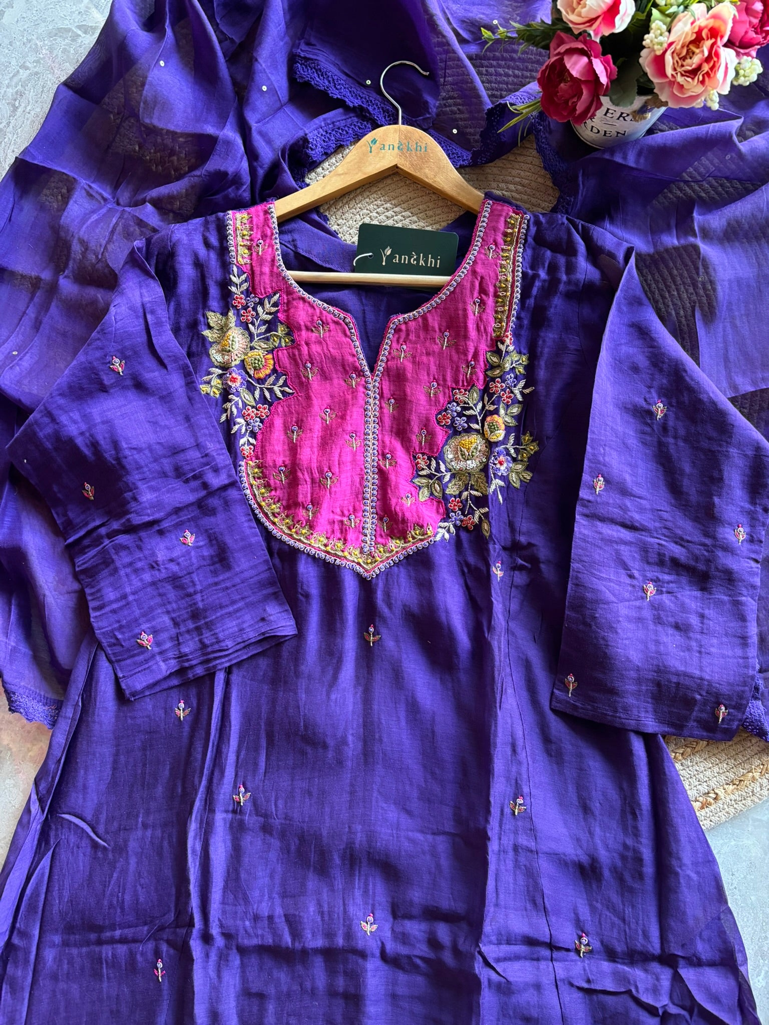 A1604 - Mul Chanderi Handwork Align Kurti with Pants & Dupatta
