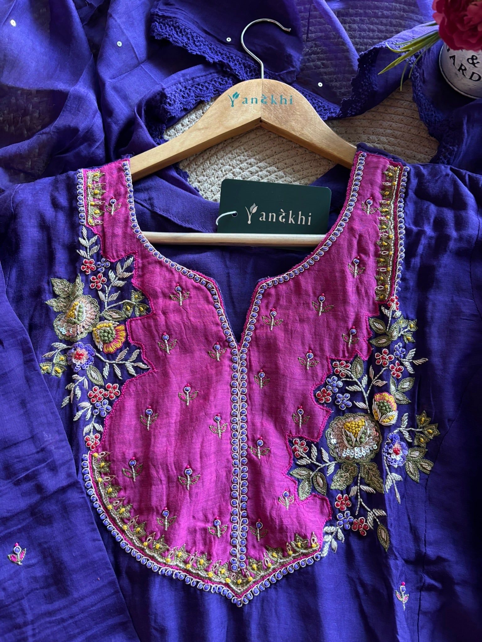 A1604 - Mul Chanderi Handwork Align Kurti with Pants & Dupatta