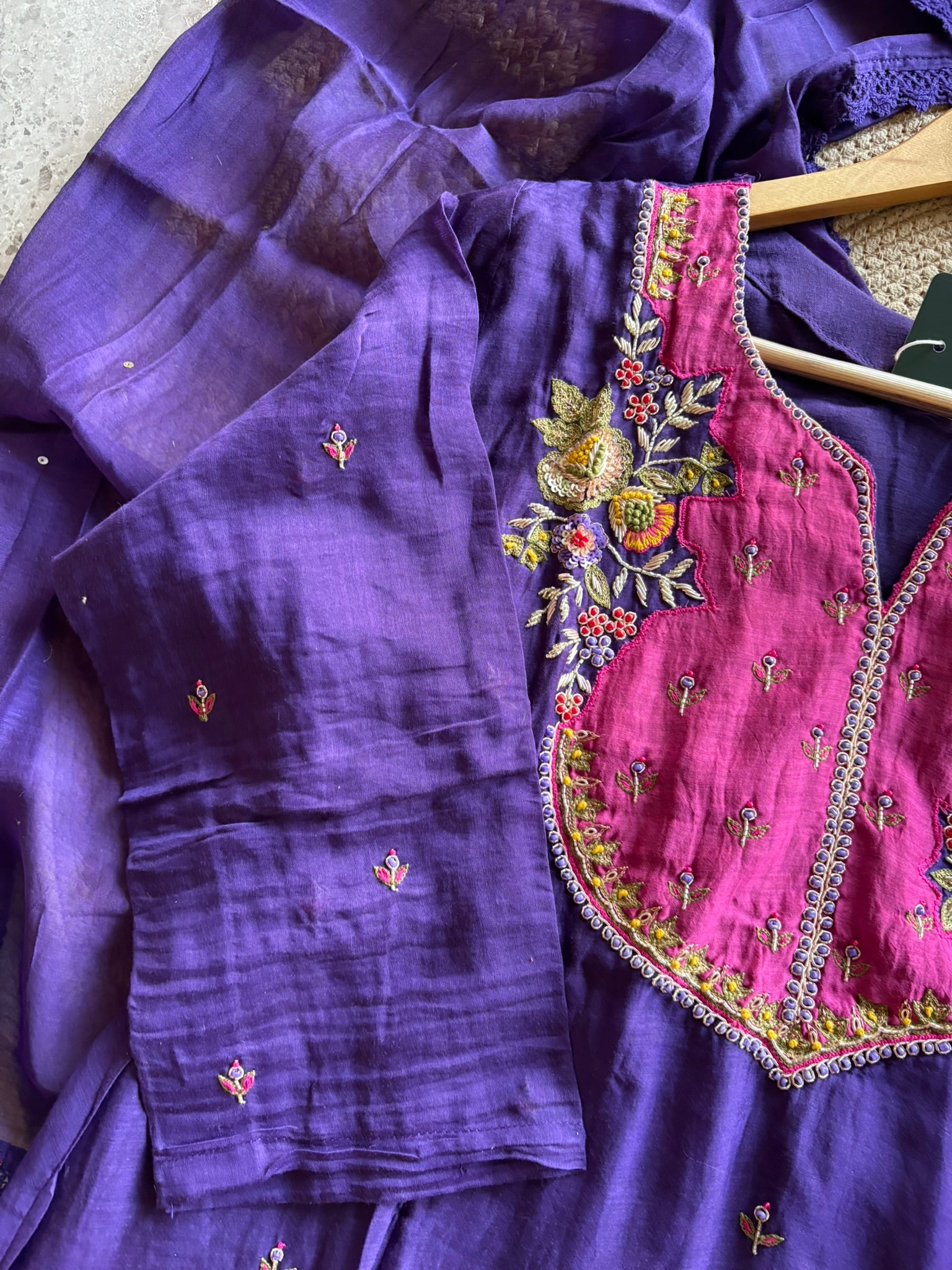 A1604 - Mul Chanderi Handwork Align Kurti with Pants & Dupatta