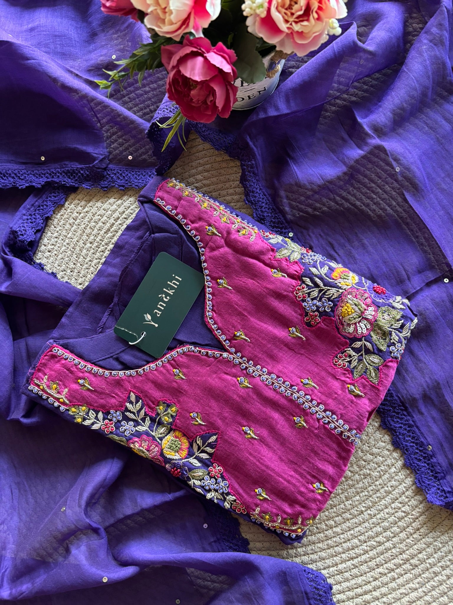 A1604 - Mul Chanderi Handwork Align Kurti with Pants & Dupatta