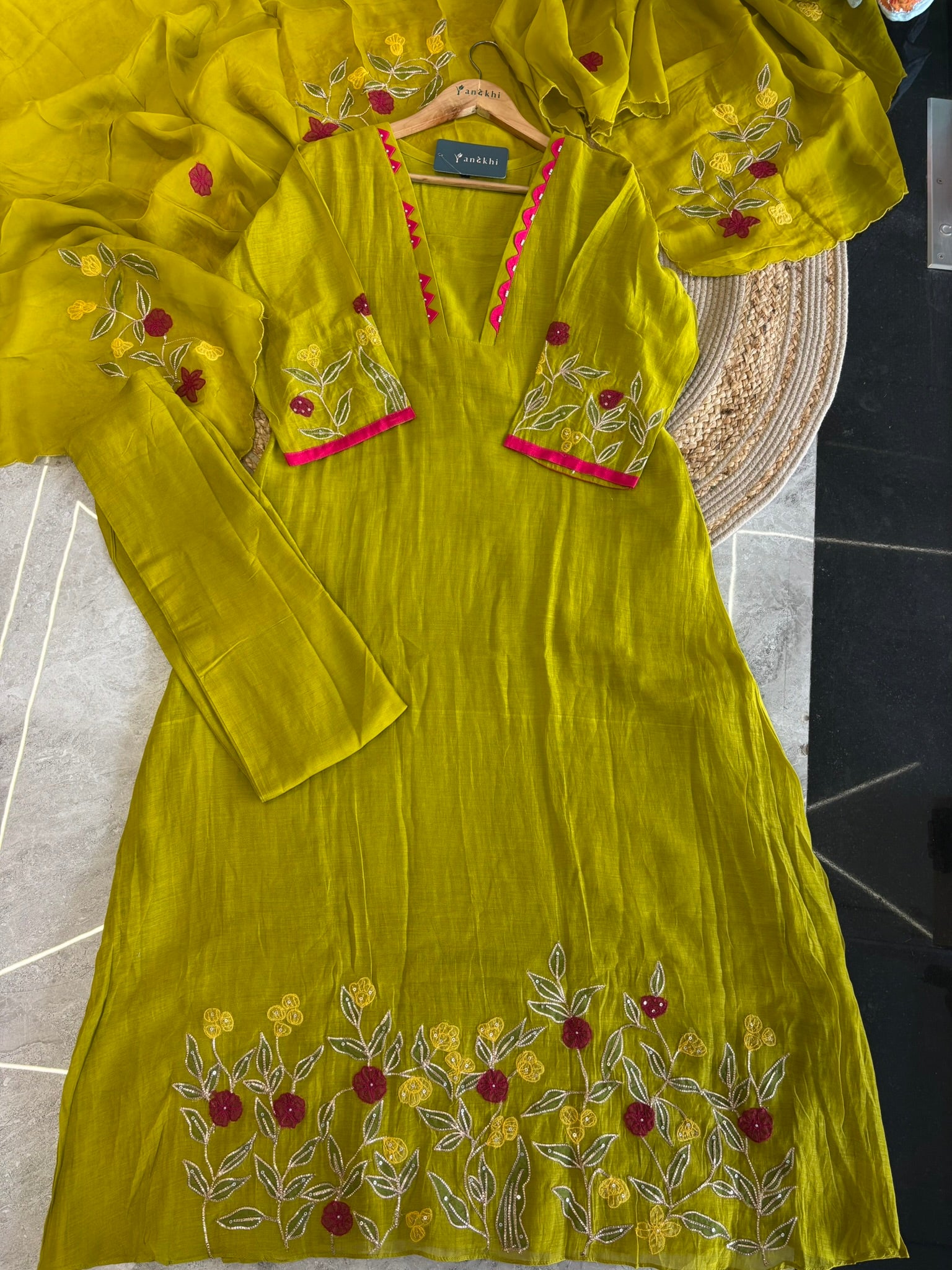A1629 - Mul Chanderi A-line embroidered Kurti Pants & Dupatta.