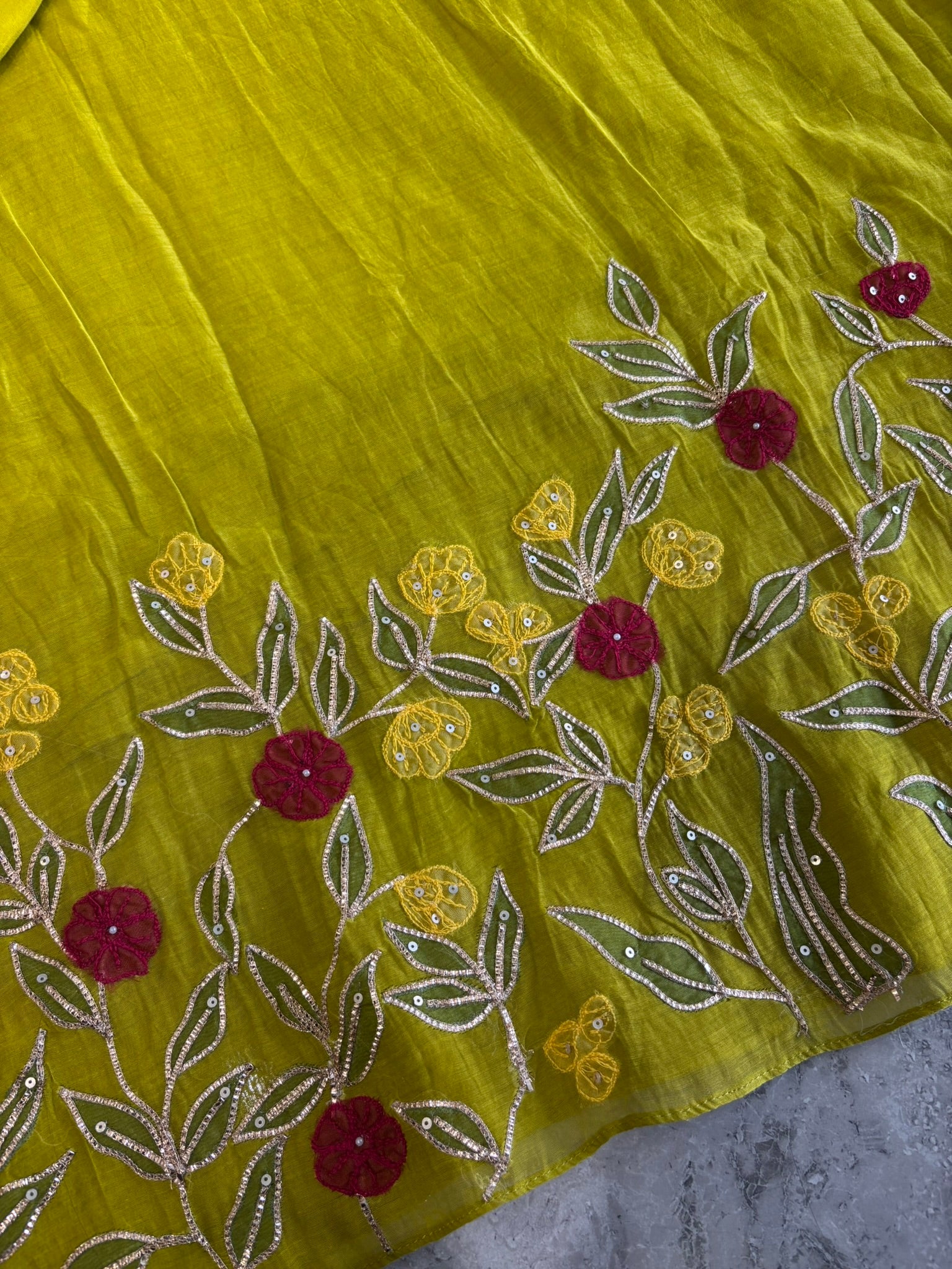 A1629 - Mul Chanderi A-line embroidered Kurti Pants & Dupatta.