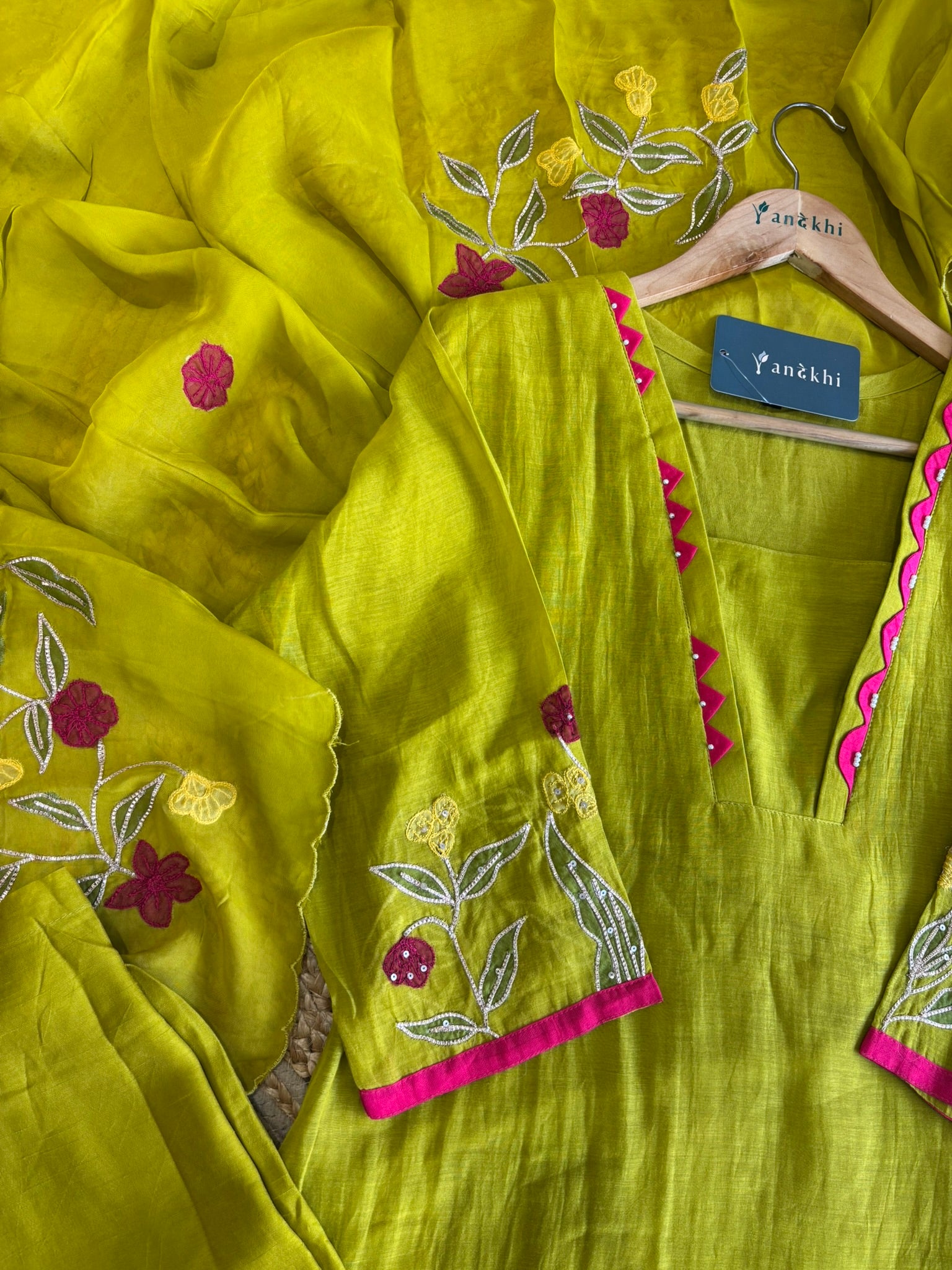 A1629 - Mul Chanderi A-line embroidered Kurti Pants & Dupatta.