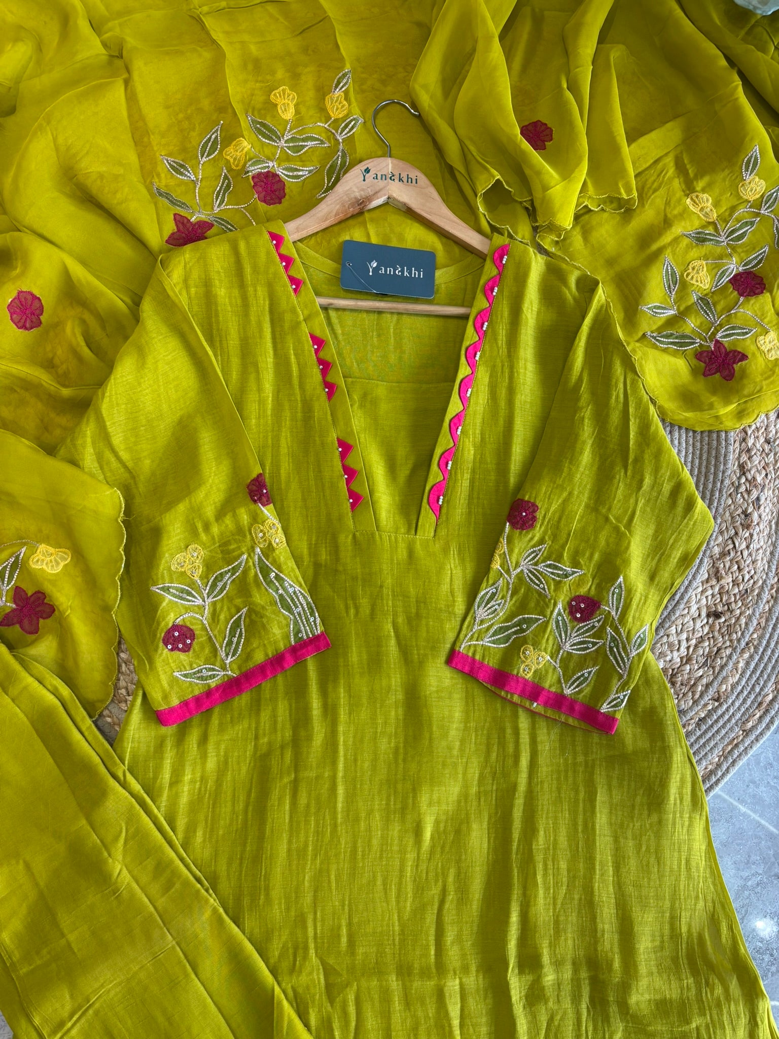 A1629 - Mul Chanderi A-line embroidered Kurti Pants & Dupatta.