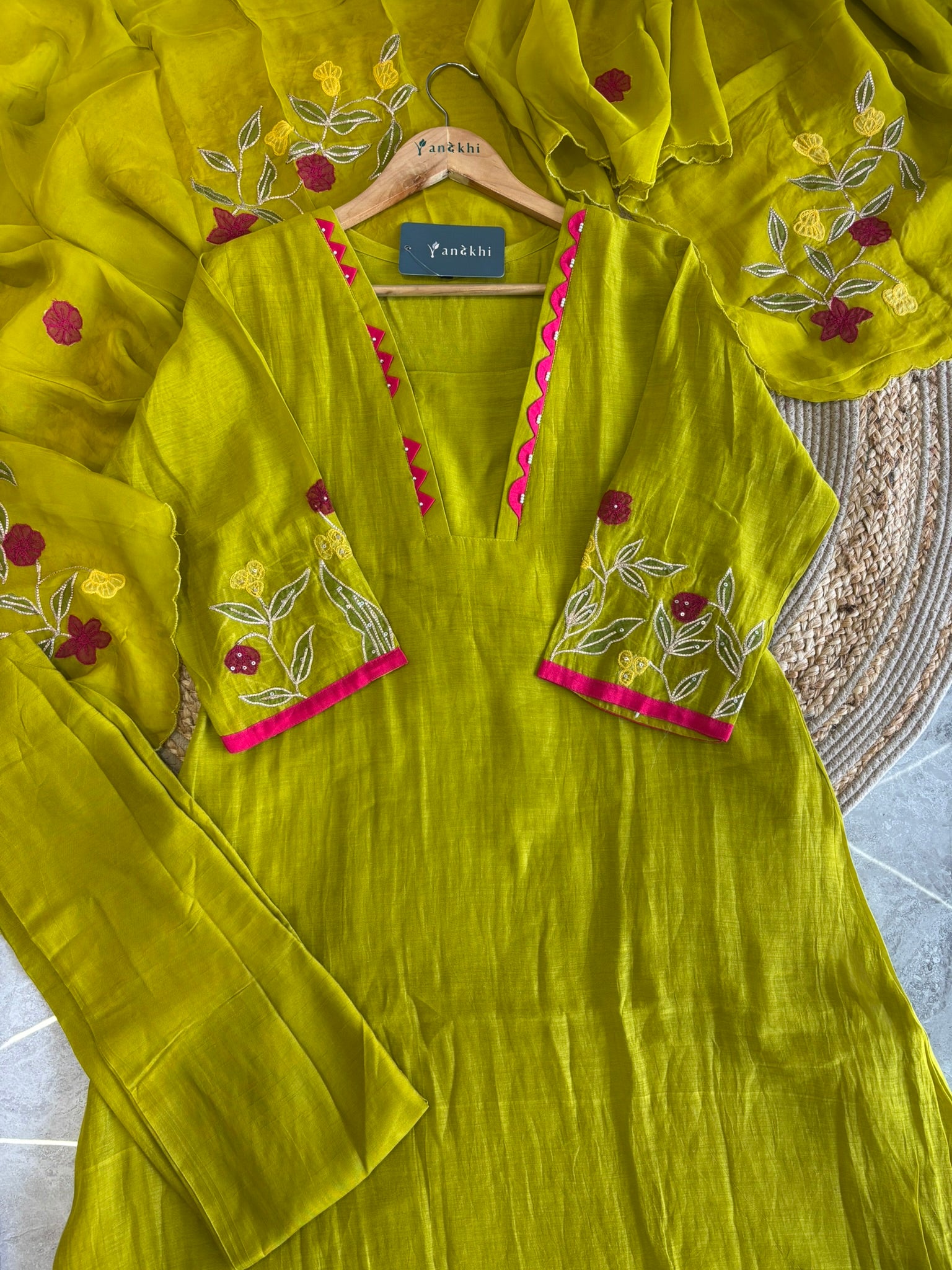 A1629 - Mul Chanderi A-line embroidered Kurti Pants & Dupatta.