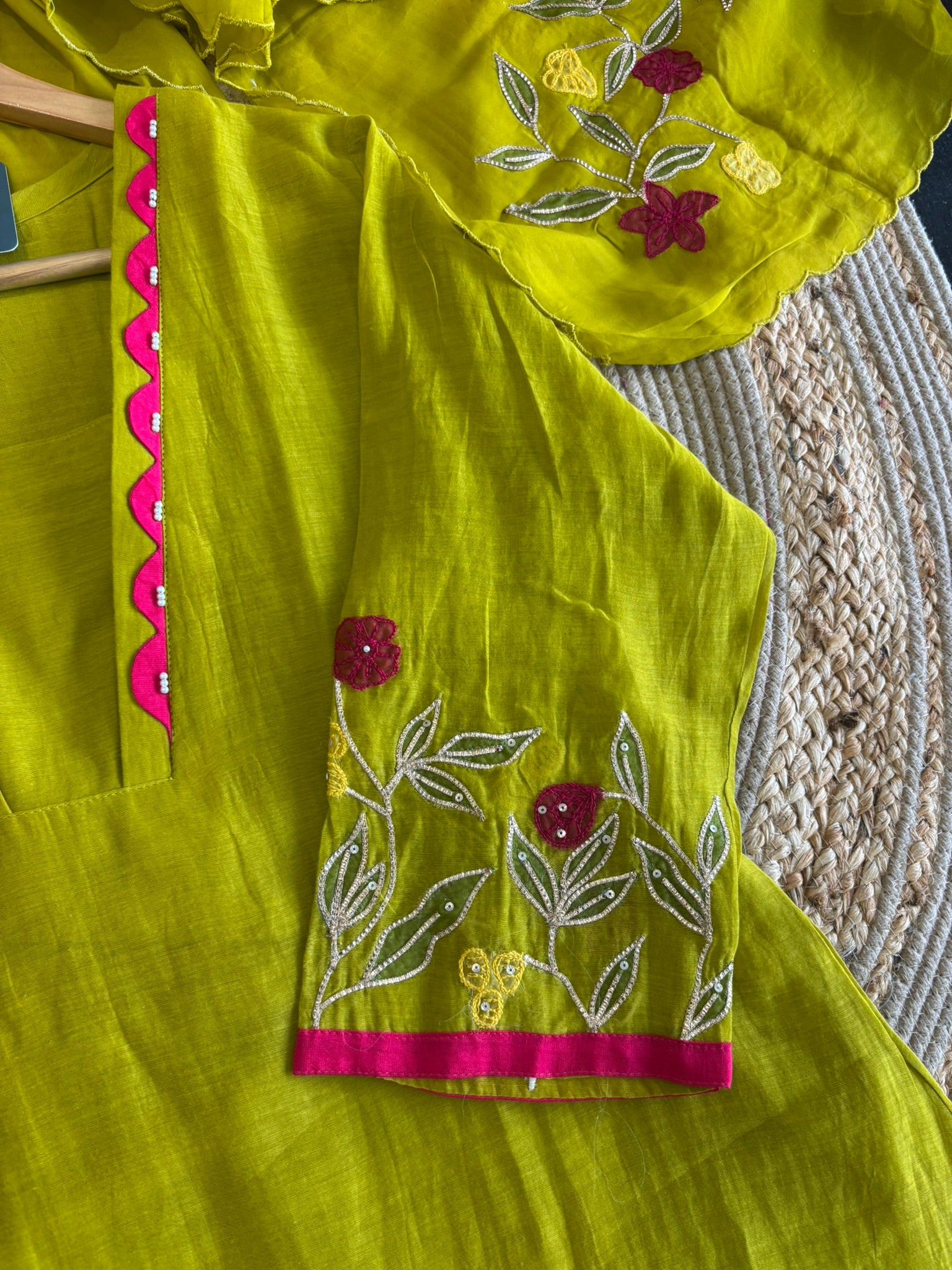 A1629 - Mul Chanderi A-line embroidered Kurti Pants & Dupatta.