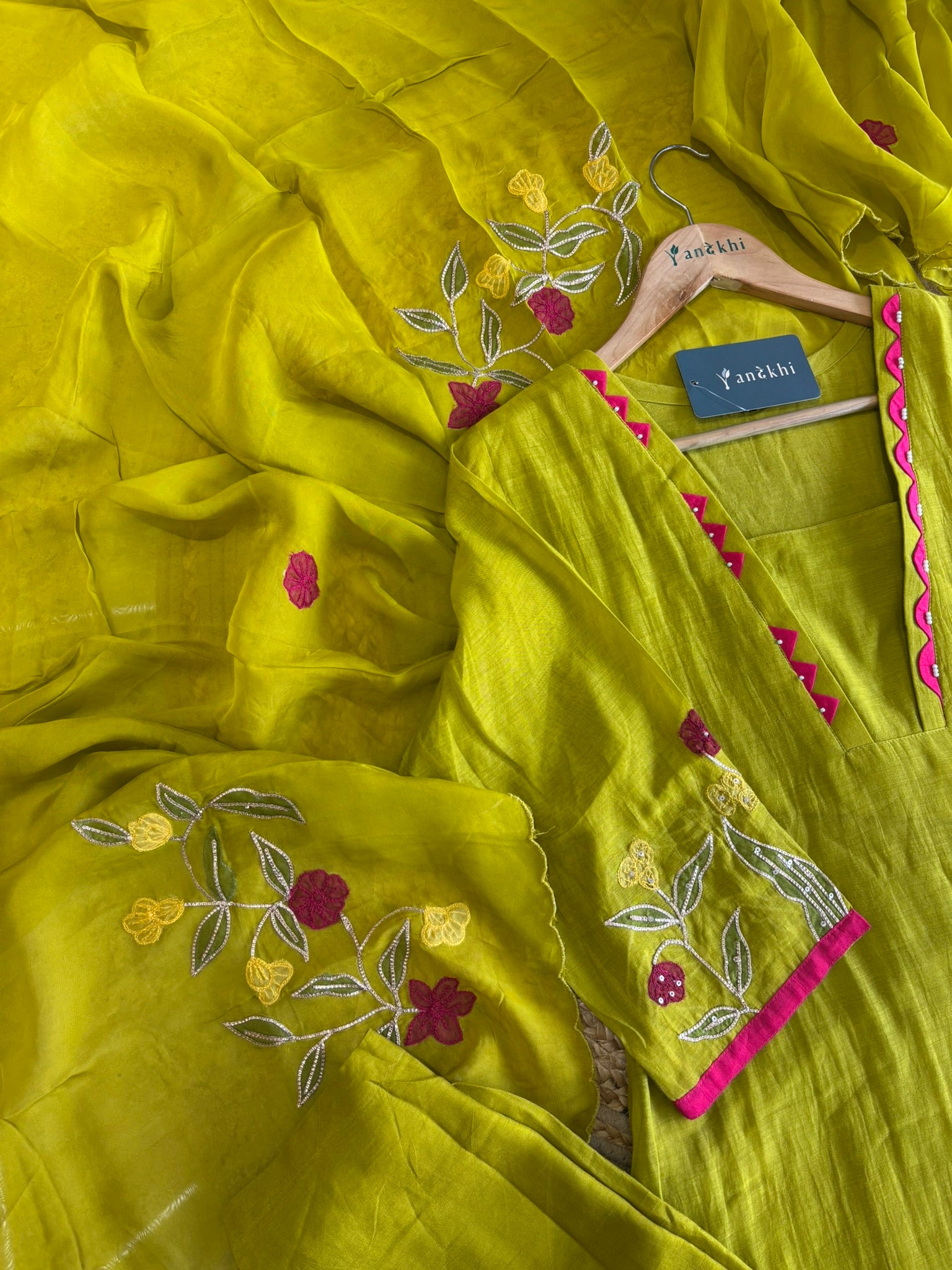 A1629 - Mul Chanderi A-line embroidered Kurti Pants & Dupatta.