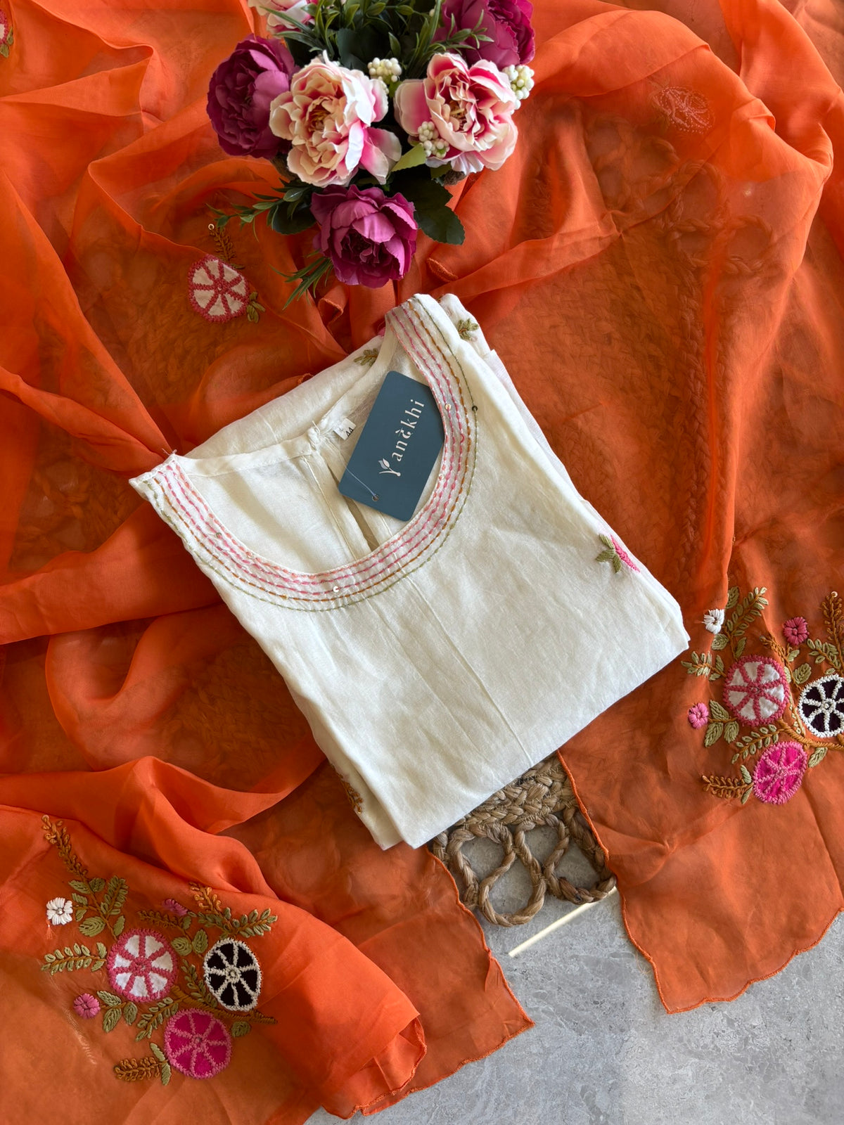 A1628 - Mul chanderi embroidered Aline Kurti with pants and dupatta