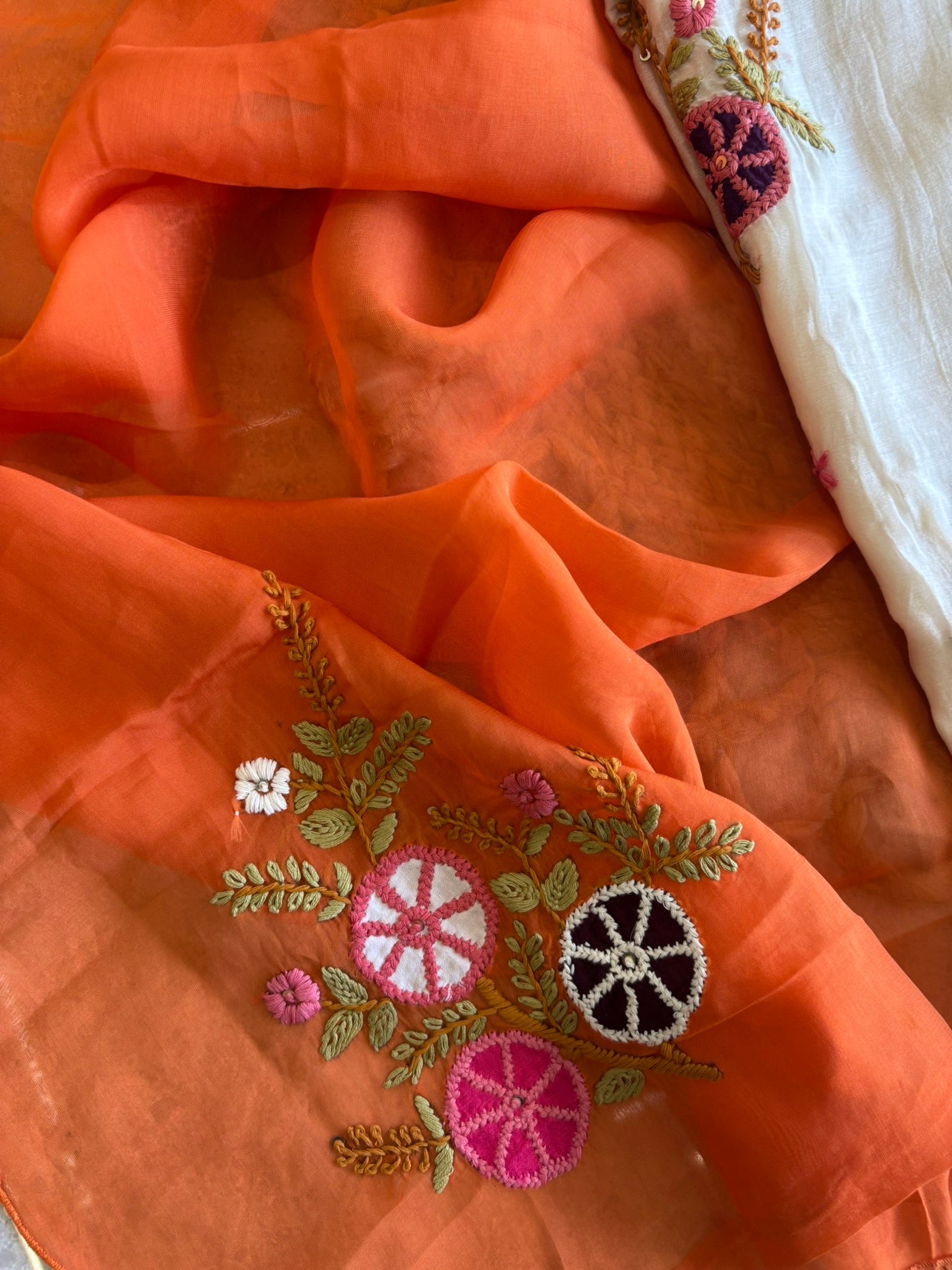 A1628 - Mul chanderi embroidered Aline Kurti with pants and dupatta