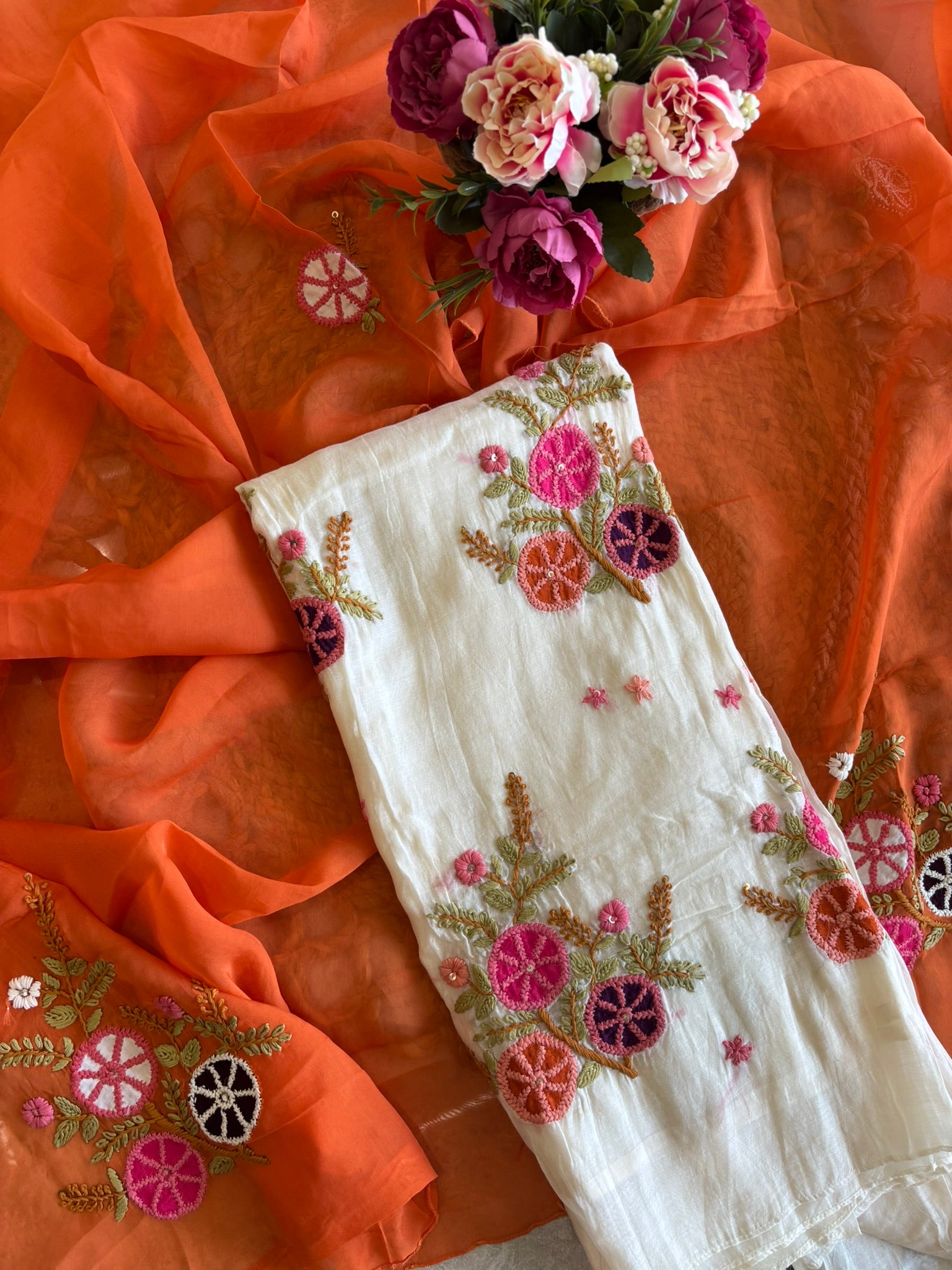 A1628 - Mul chanderi embroidered Aline Kurti with pants and dupatta