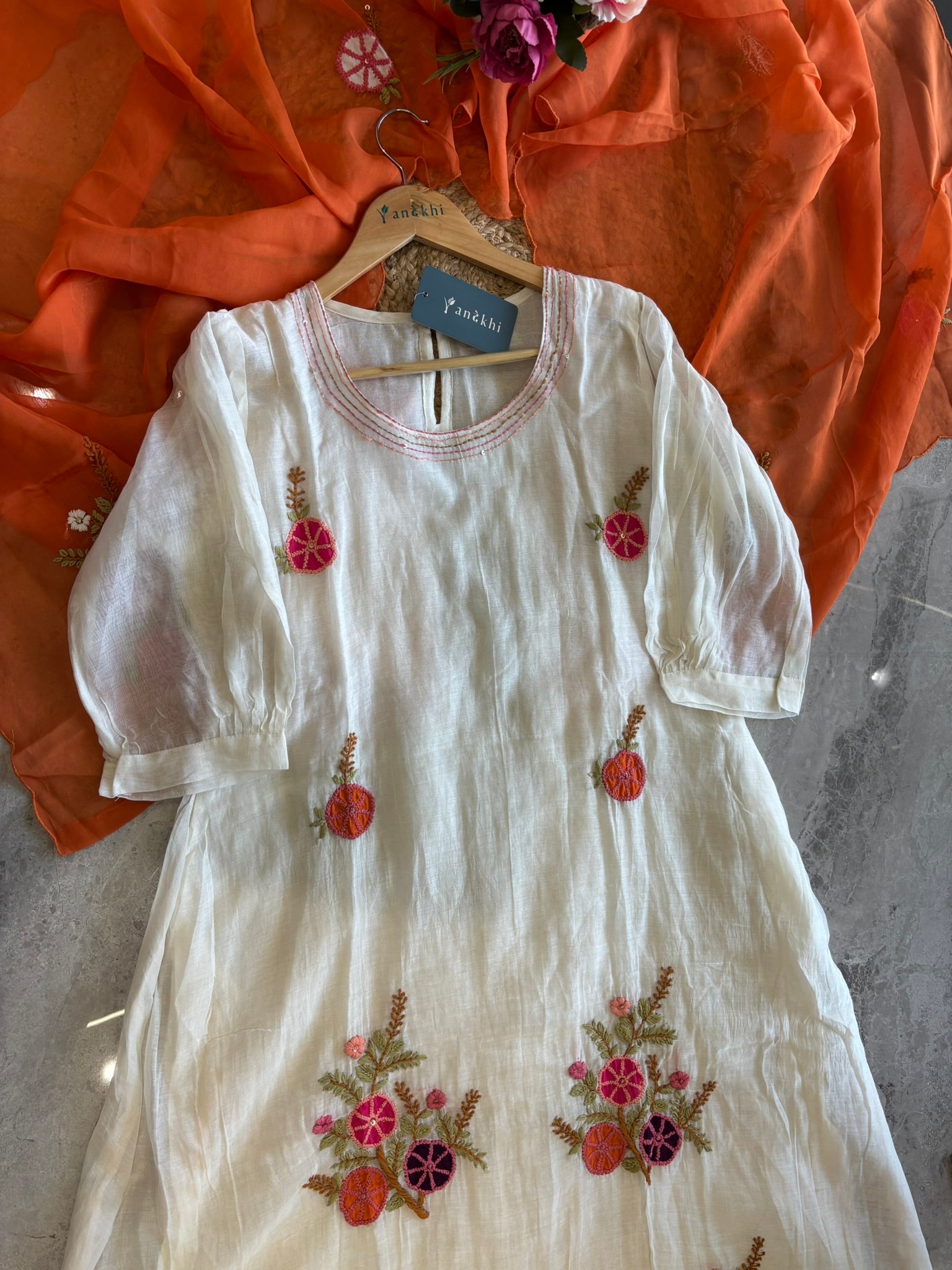 A1628 - Mul chanderi embroidered Aline Kurti with pants and dupatta