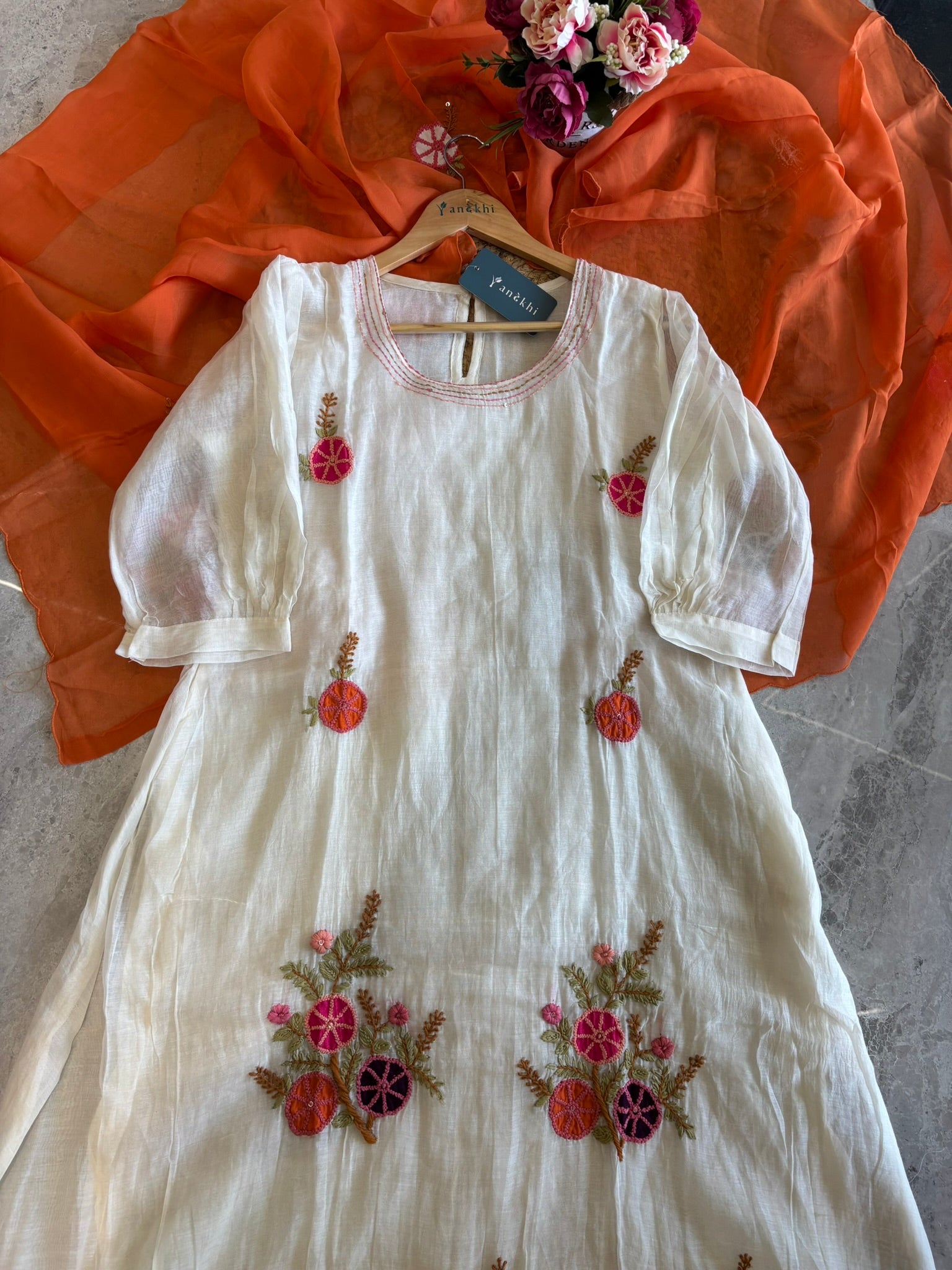 A1628 - Mul chanderi embroidered Aline Kurti with pants and dupatta