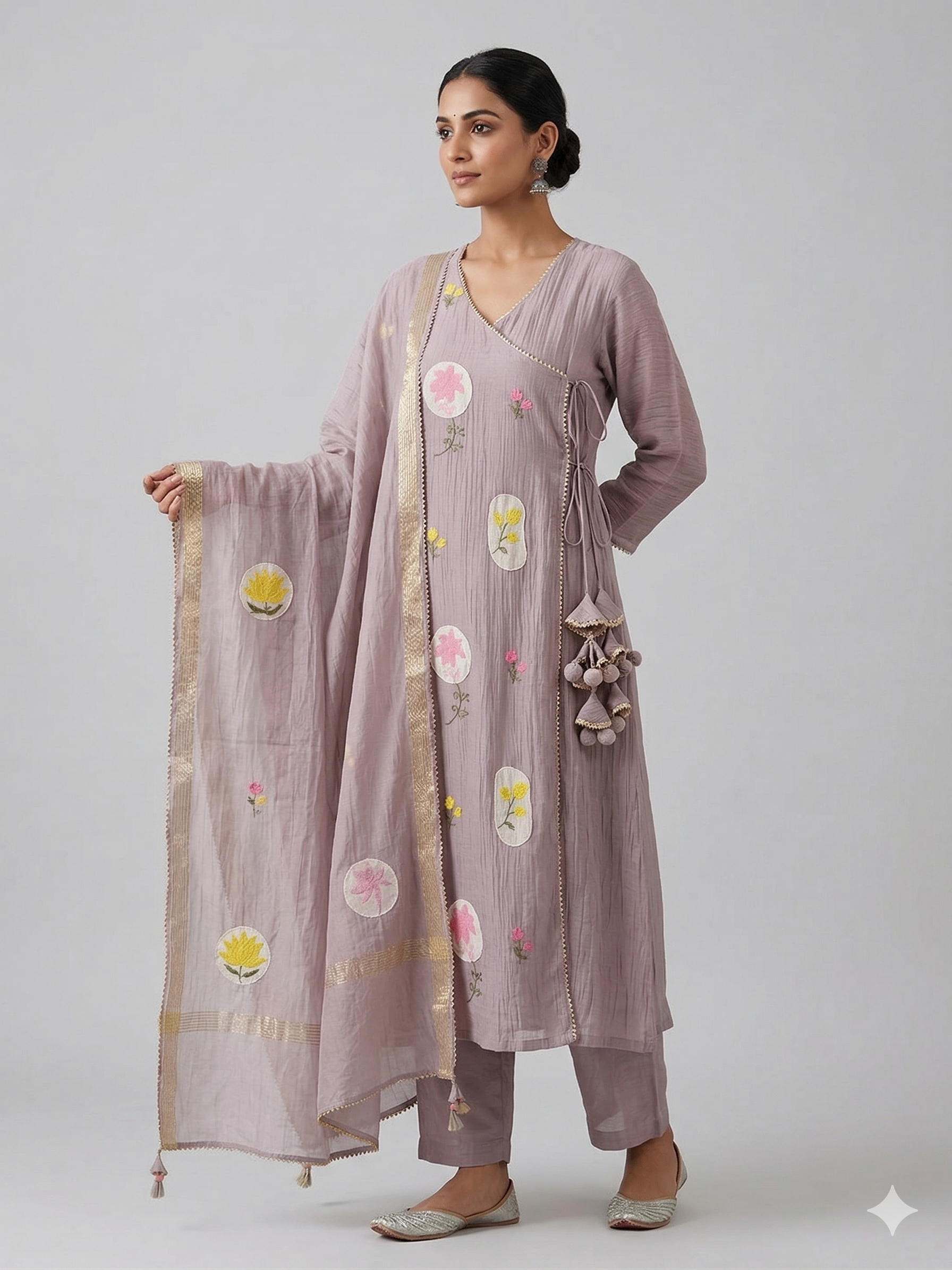 A3964 - Mul Chanderi Angrakha Suit set with delicate Embroidery, Paired with Pants and Dupatta.