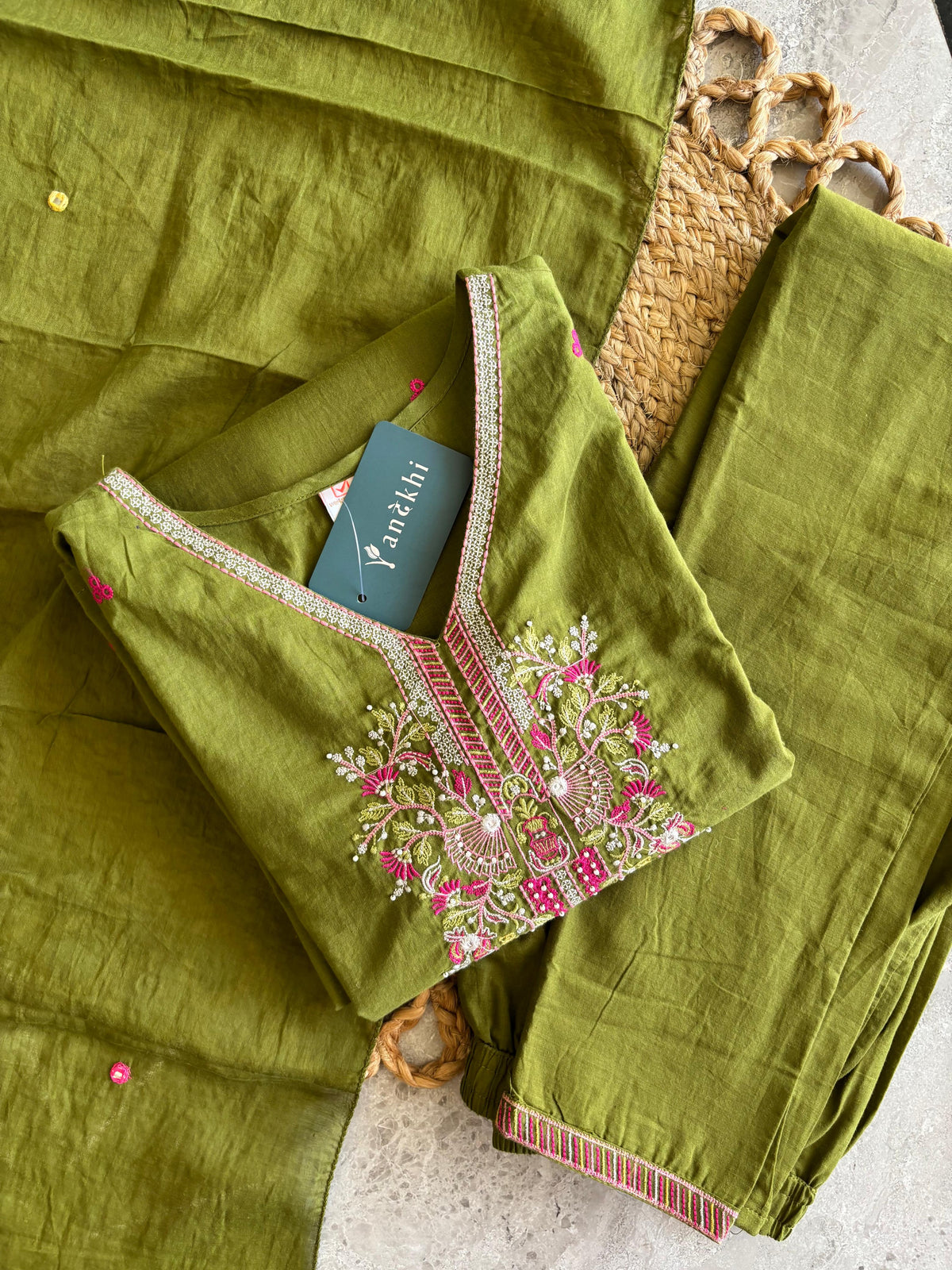 A2831 - Pure cotton embroidered straight kurti with pants & dupatta