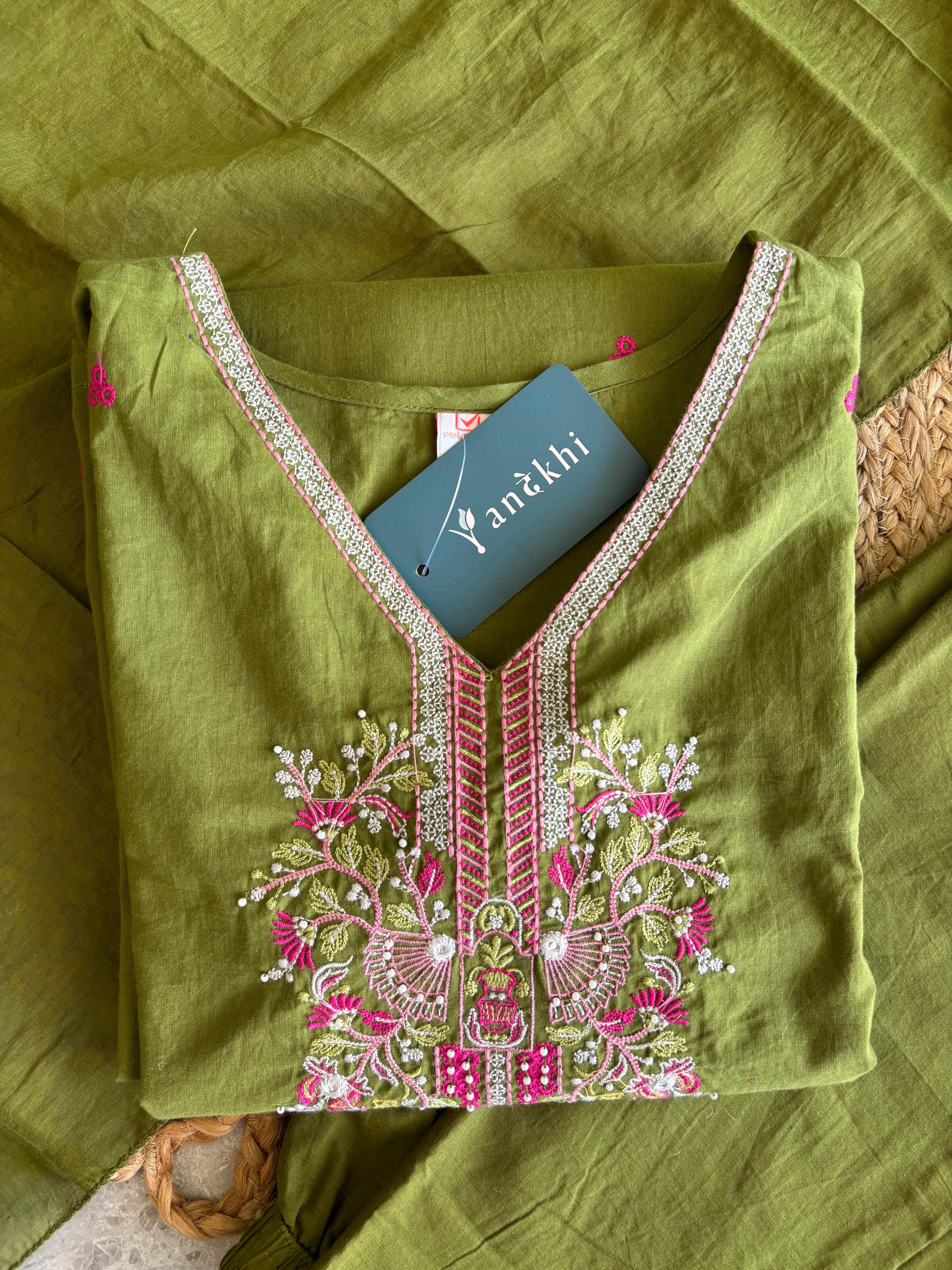 A2831 - Pure cotton embroidered straight kurti with pants & dupatta