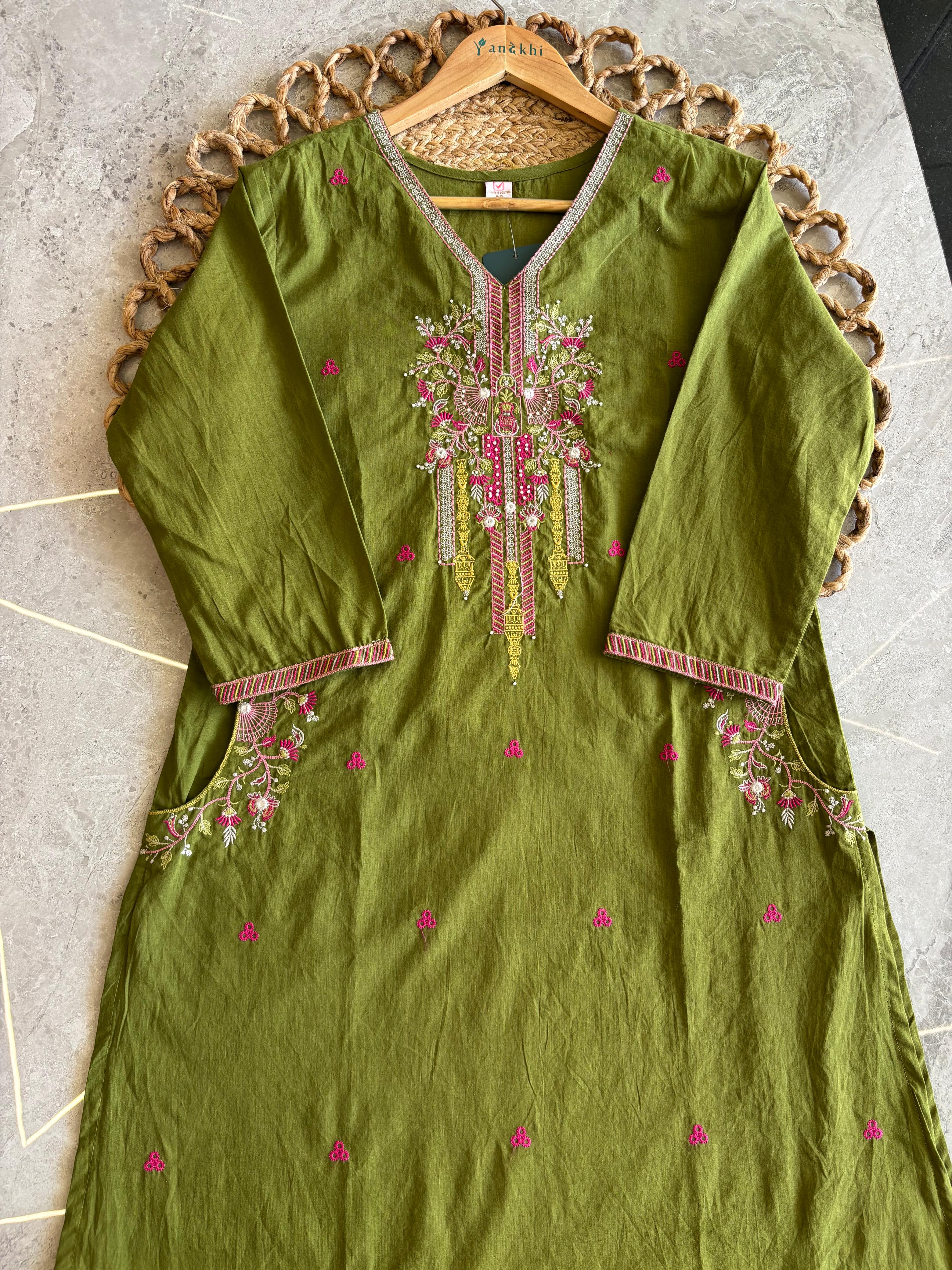 A2831 - Pure cotton embroidered straight kurti with pants & dupatta