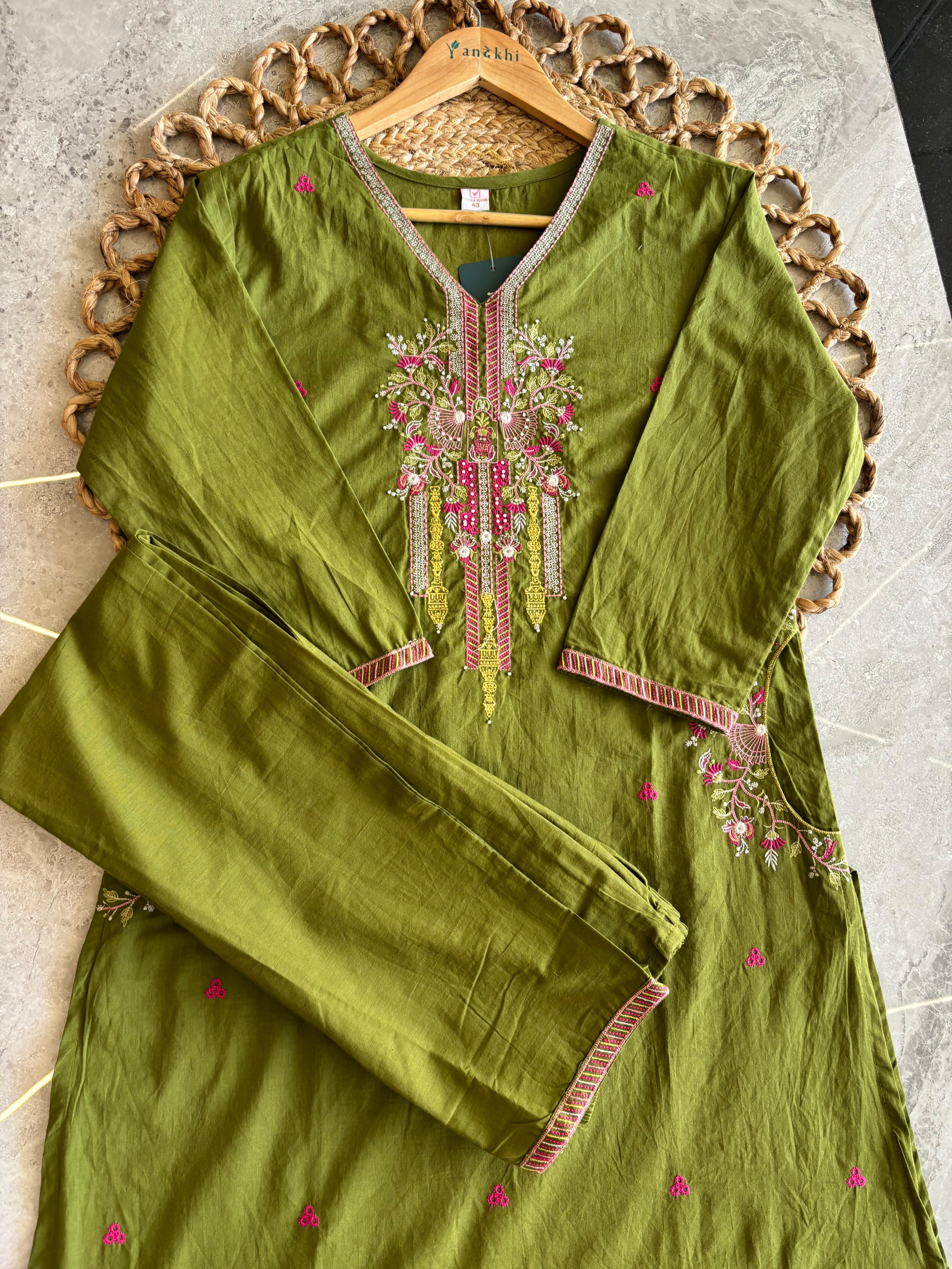 A2831 - Pure cotton embroidered straight kurti with pants & dupatta