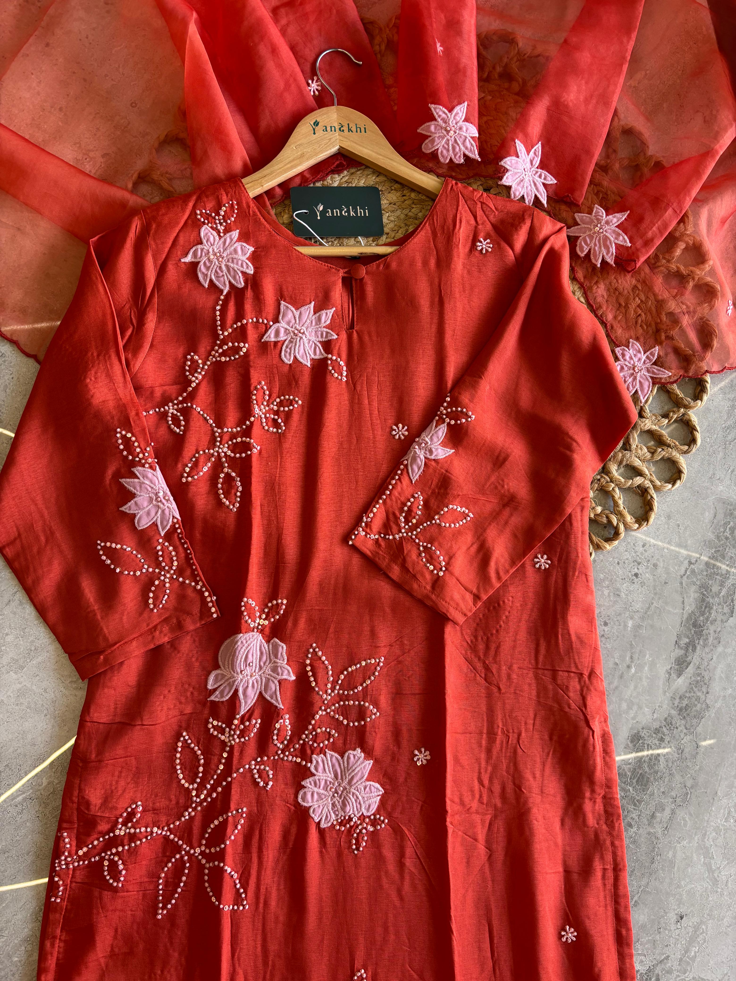 A1590 - Dola silk applique work straight kurti with pants & dupatta