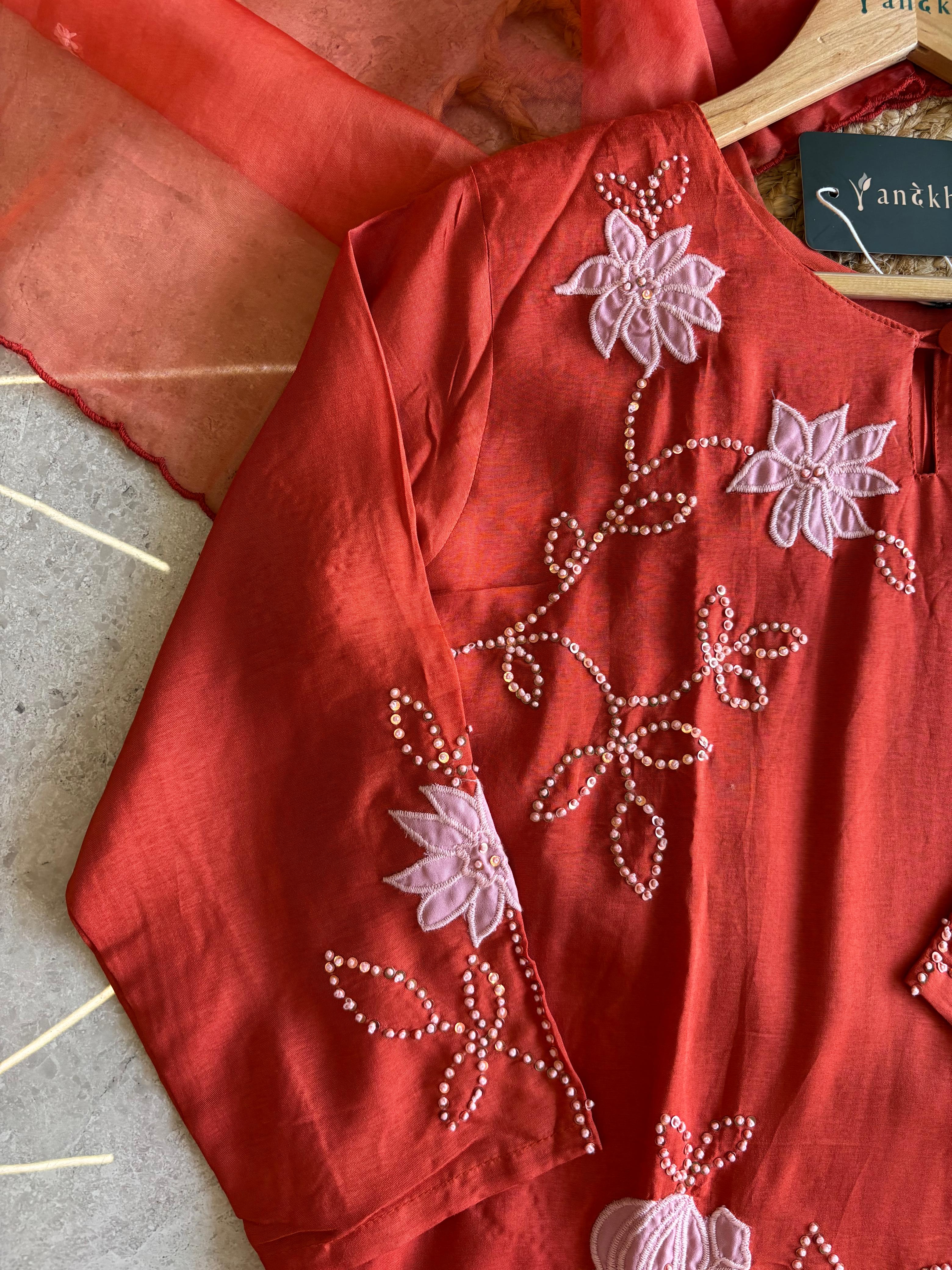 A1590 - Dola silk applique work straight kurti with pants & dupatta