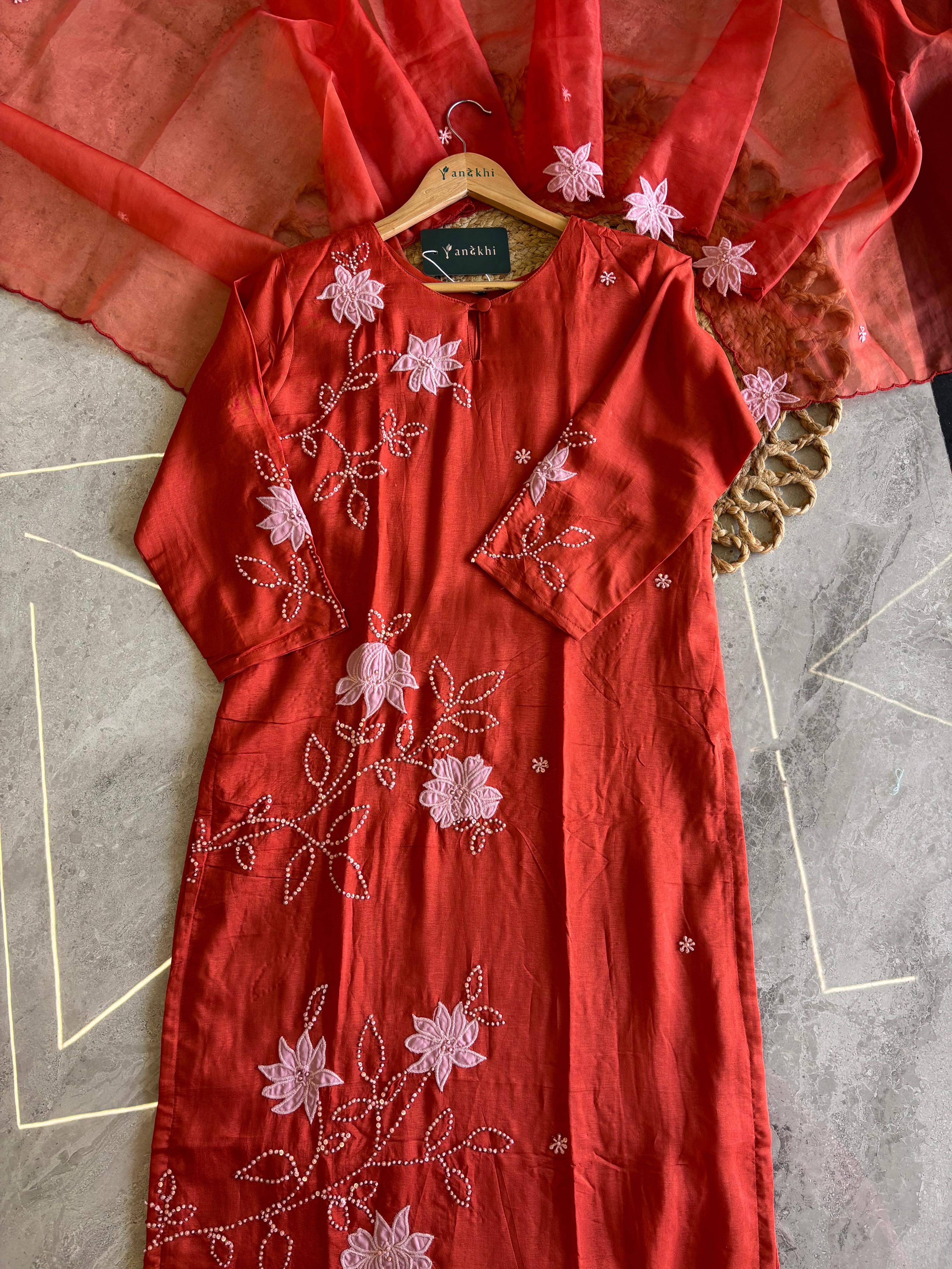 A1590 - Dola silk applique work straight kurti with pants & dupatta