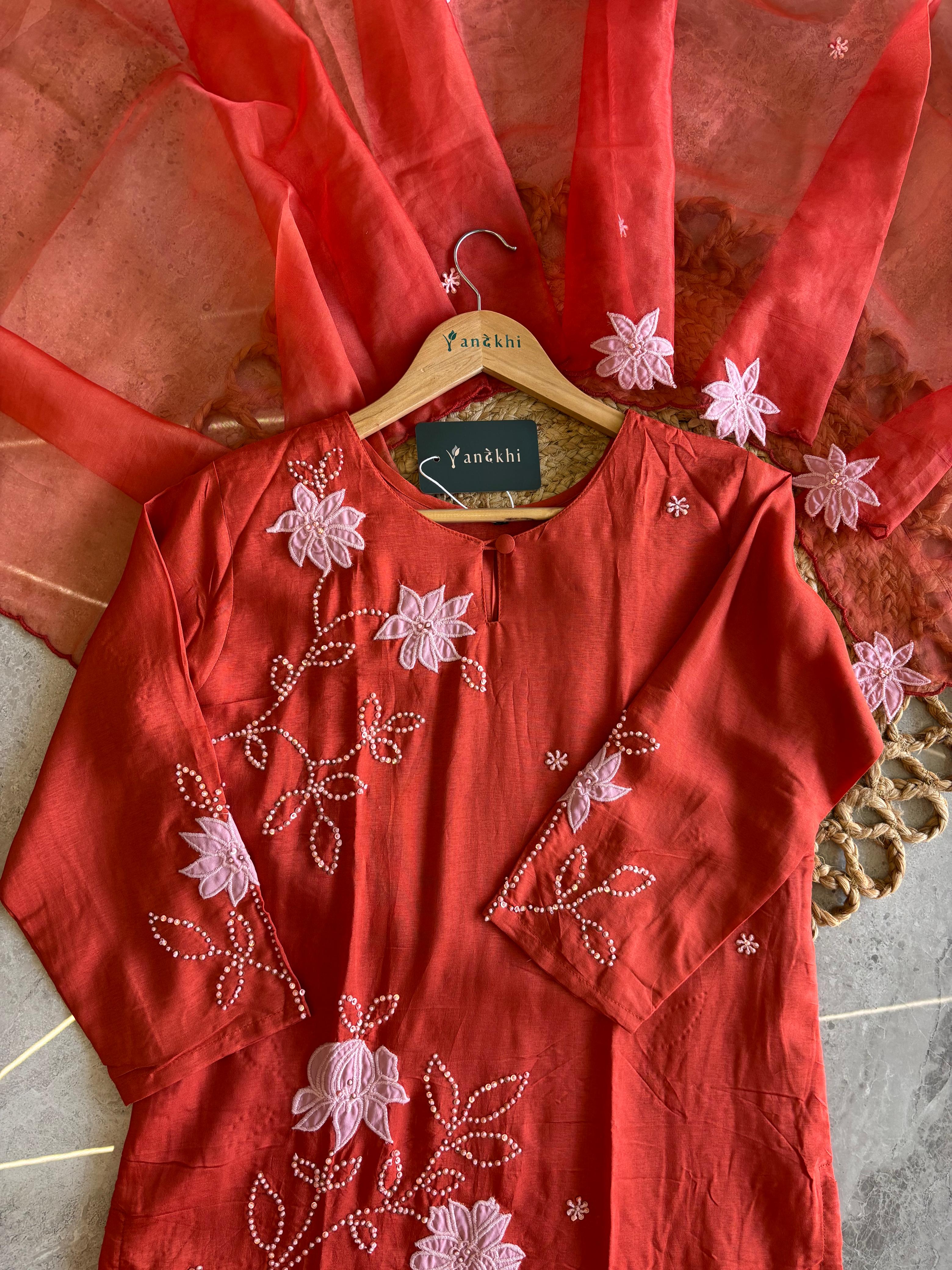 A1590 - Dola silk applique work straight kurti with pants & dupatta