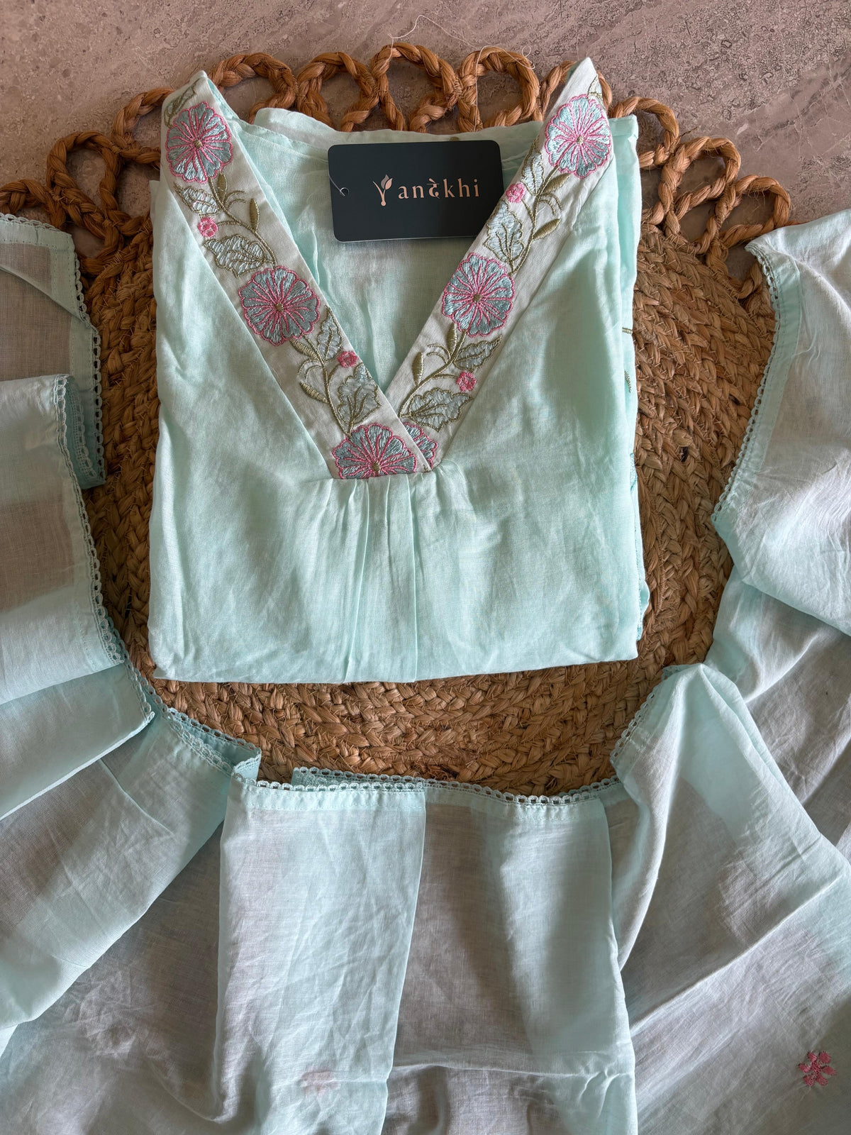 A3930- Mul cotton suit embroidered A-lign Kurti with Pants & Dupatta.